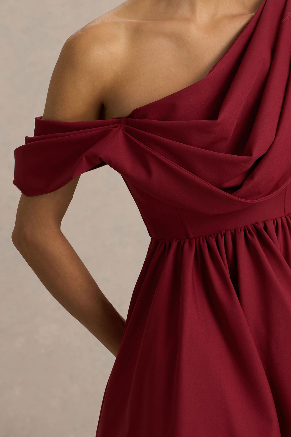 Verona | Burgundy Draped Asymmetric-Neck Skater Mini Dress