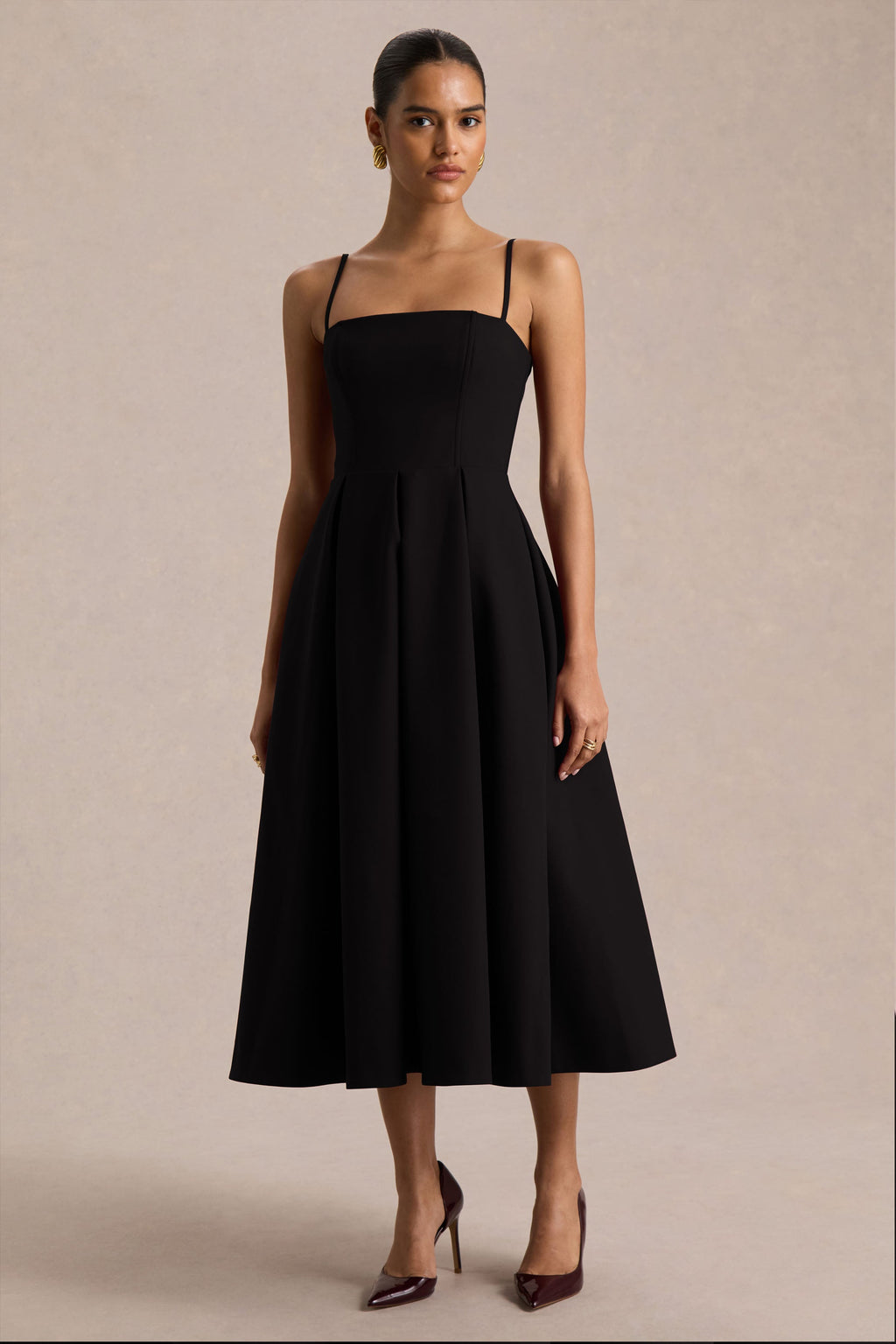 Thalia | Black High-Neck Midi Dress With Sheer Mesh Cape