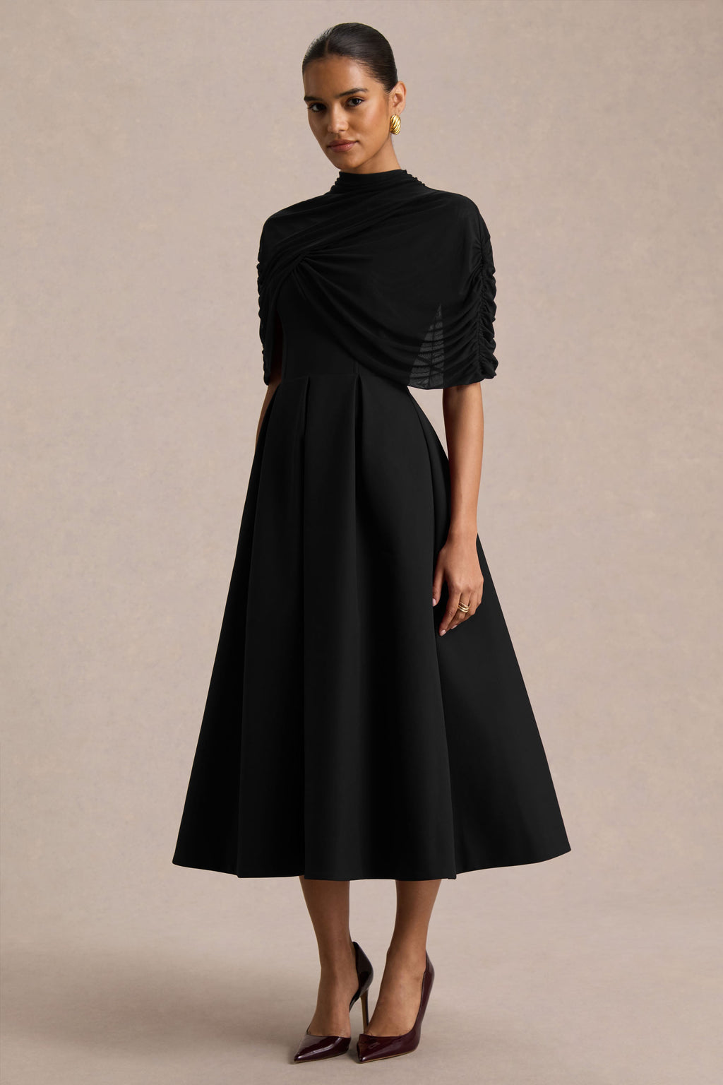 Thalia | Black High-Neck Midi Dress With Sheer Mesh Cape