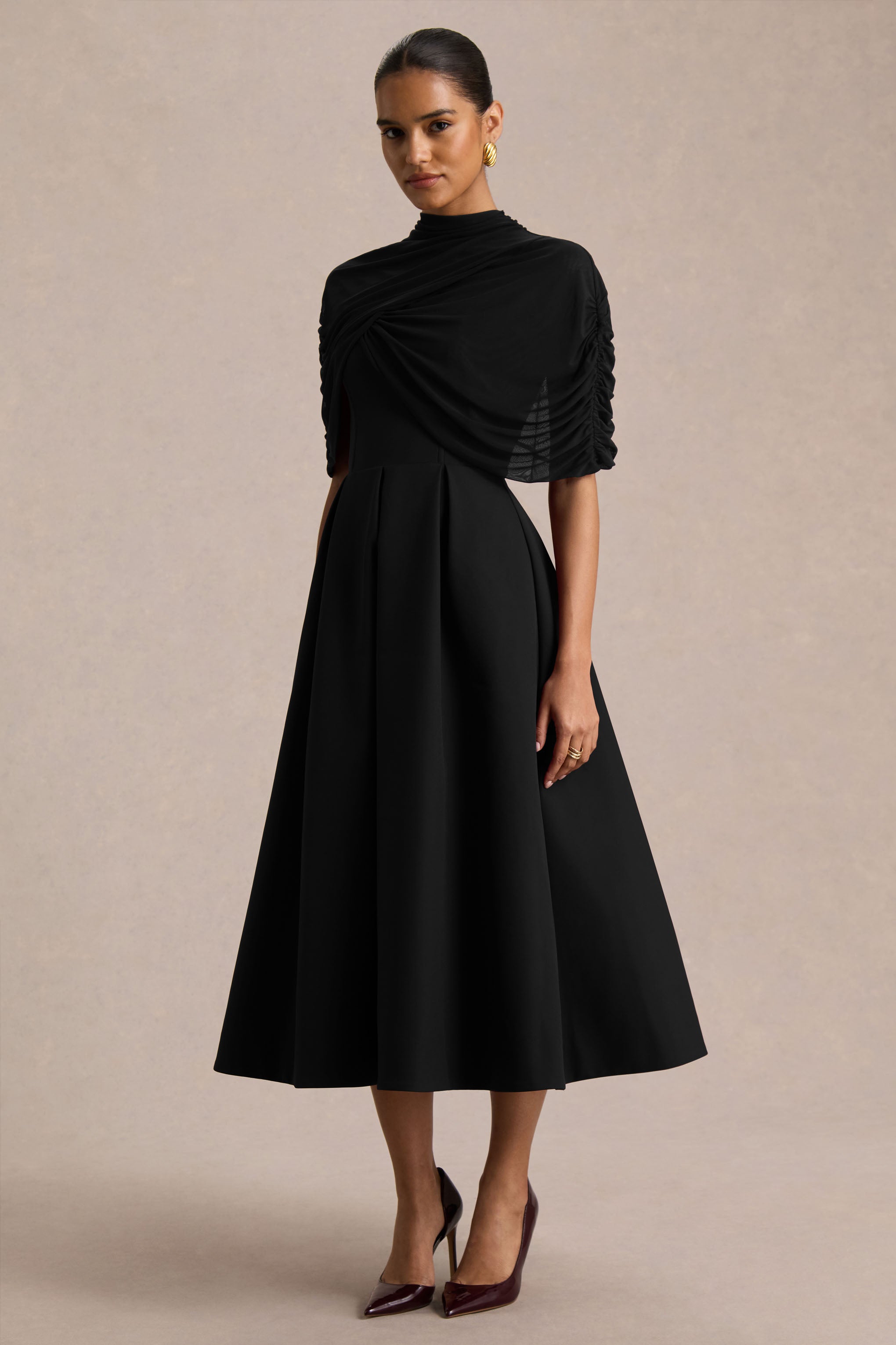 Thalia | Black High-Neck Midi Dress With Sheer Mesh Cape