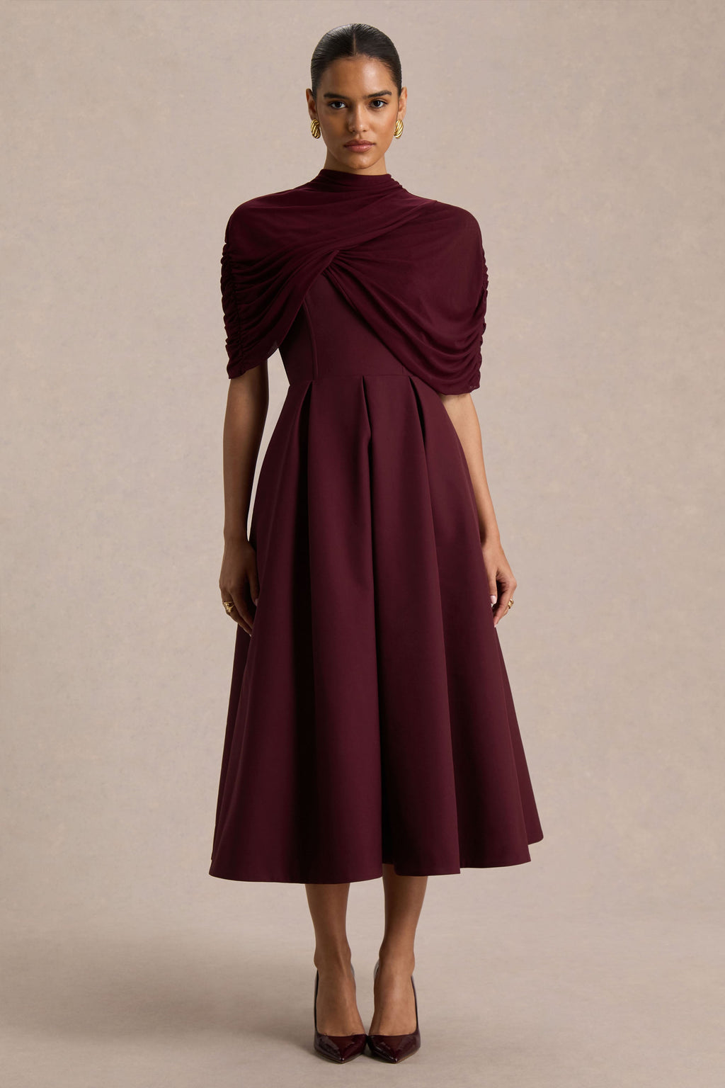 Thalia | Burgundy High-Neck Midi Dress With Sheer Mesh Cape
