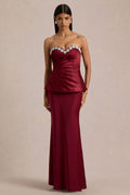Milia | Burgundy Satin Hand-Embellished Strapless Corset Maxi Dress