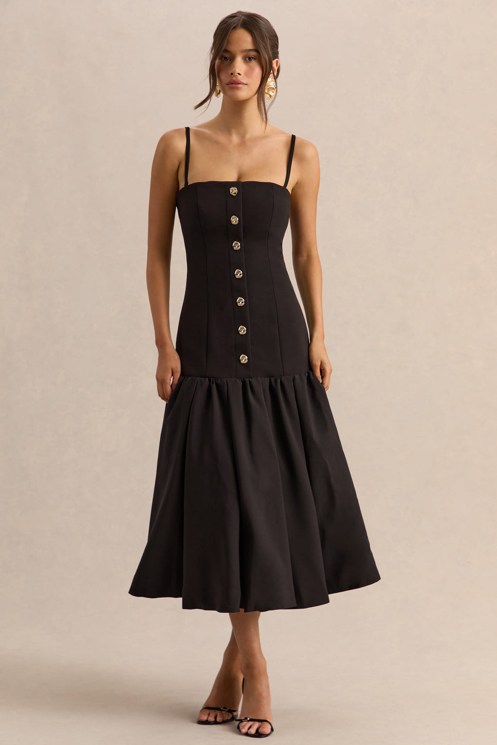 Briella | Black Bandeau Midi Dress With Gold-Button Detailing