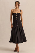 Briella | Black Bandeau Midi Dress With Gold-Button Detailing