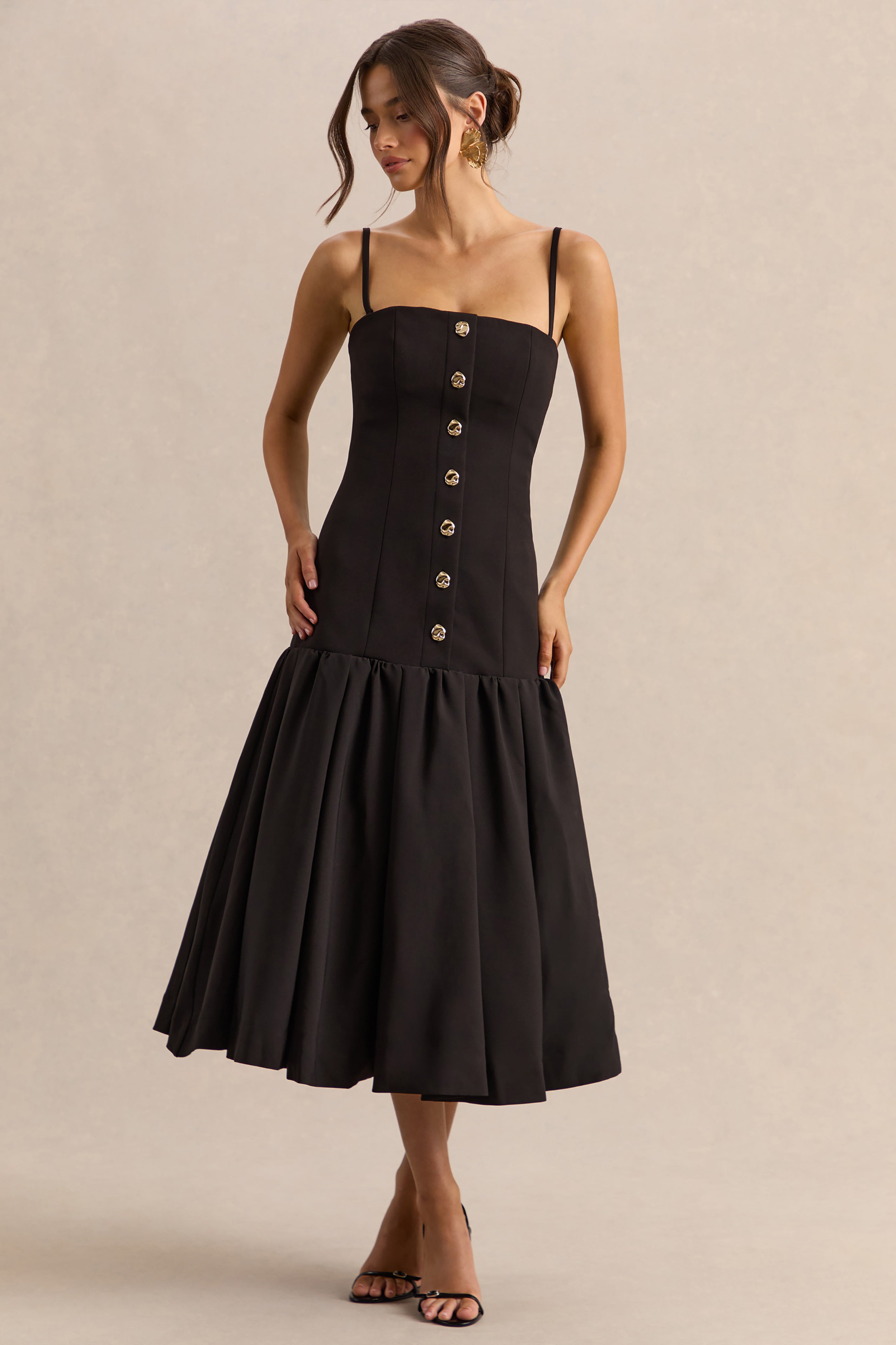 Briella | Black Bandeau Midi Dress With Gold-Button Detailing