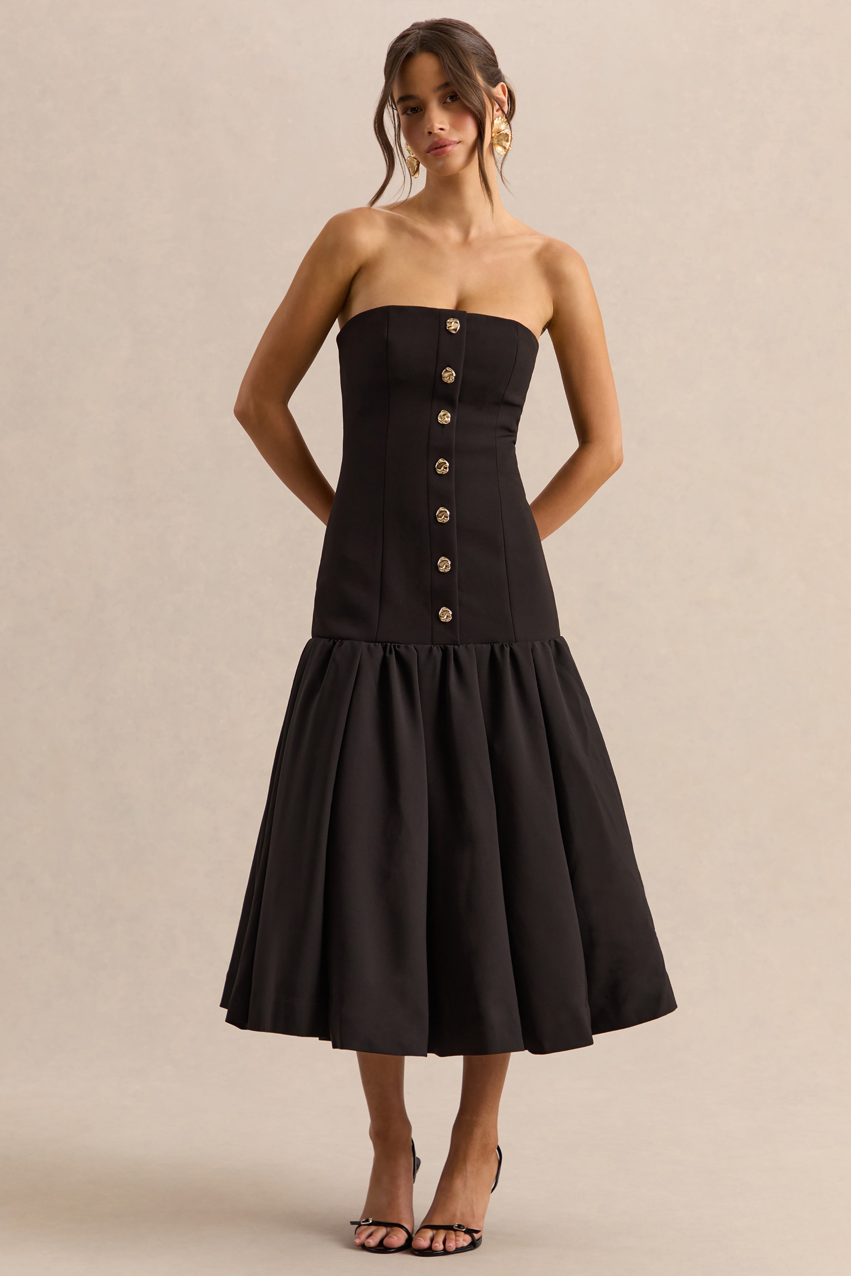 Briella | Black Bandeau Midi Dress With Gold-Button Detailing