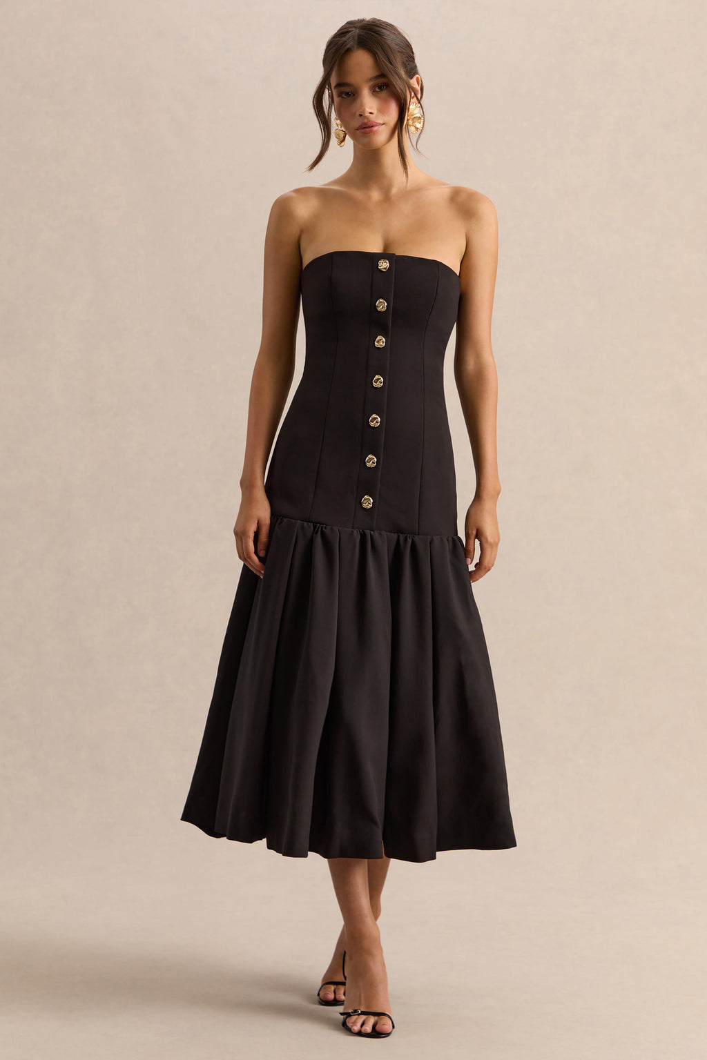 Briella | Black Bandeau Midi Dress With Gold-Button Detailing