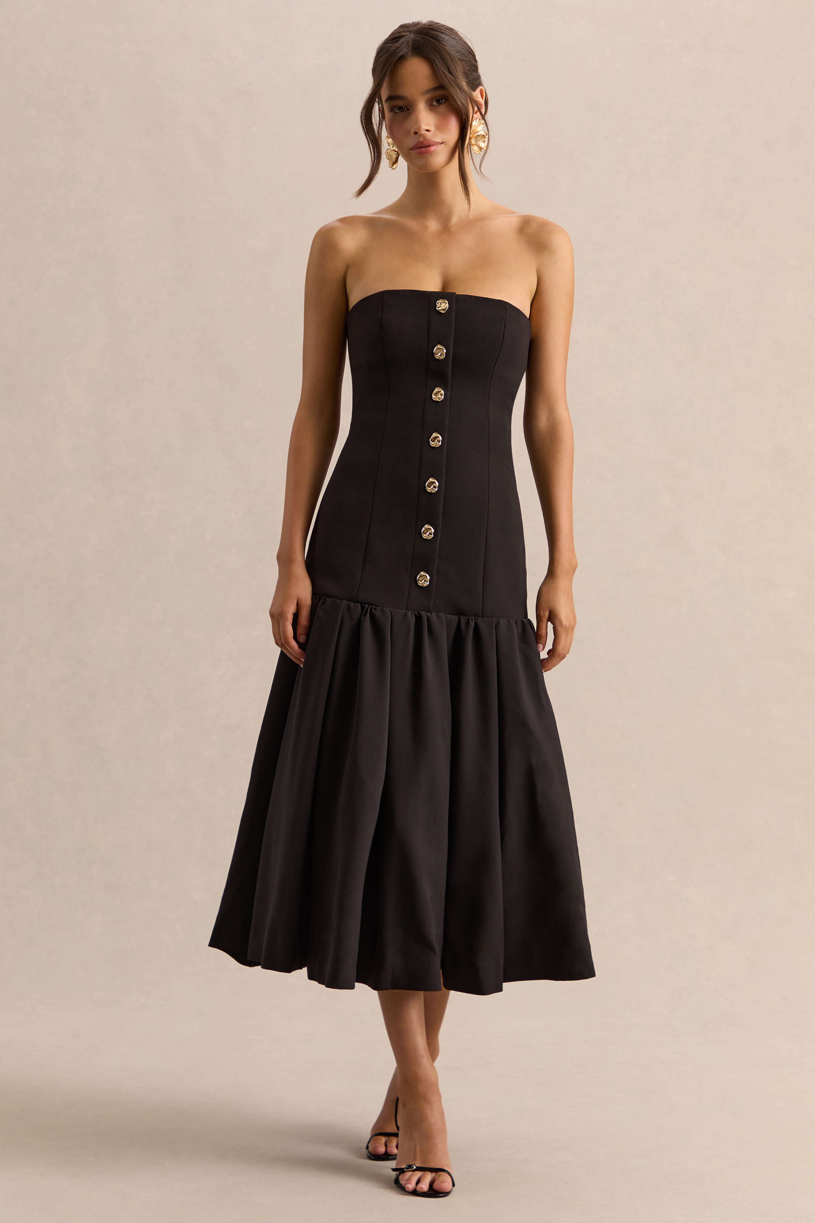 Briella | Black Bandeau Midi Dress With Gold-Button Detailing