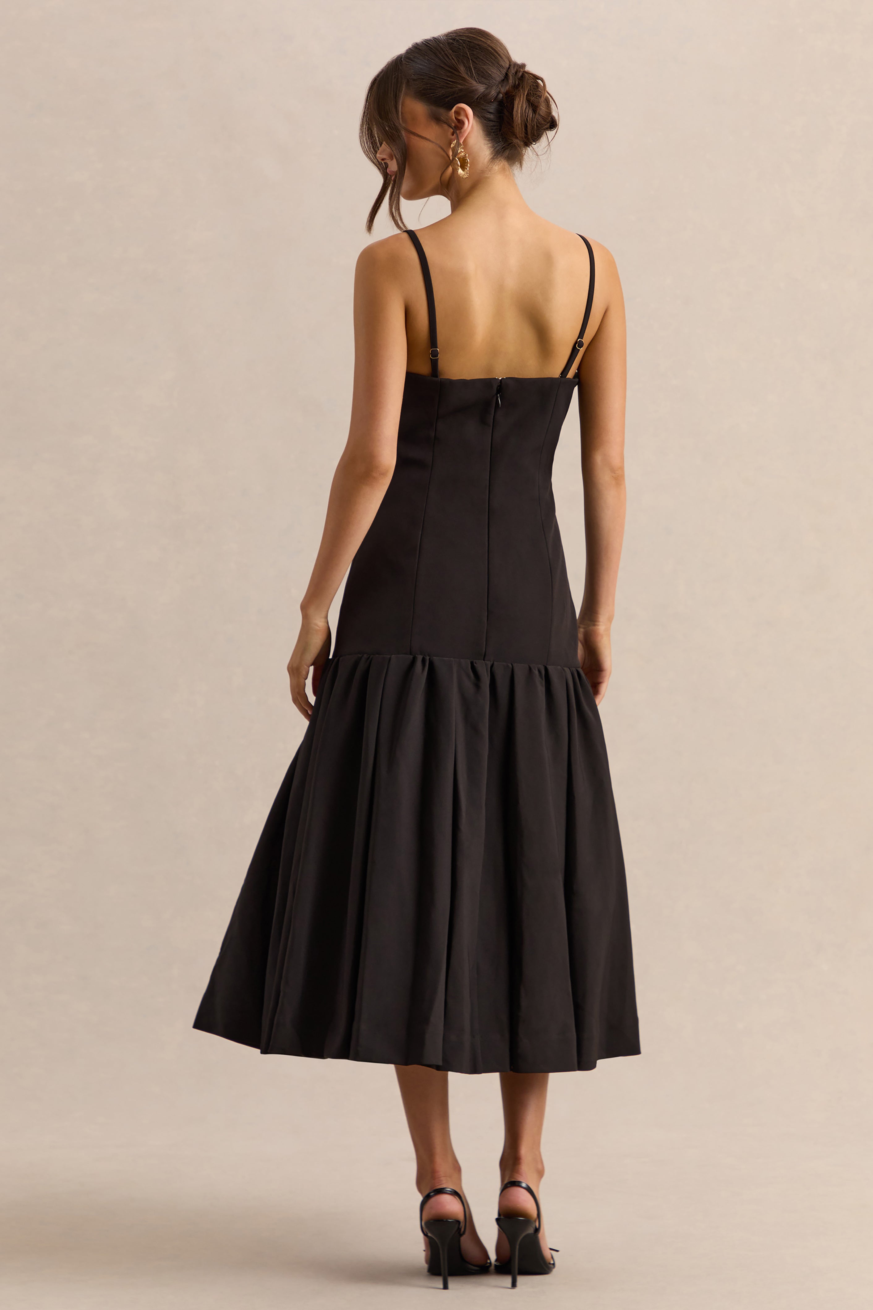 Briella | Black Bandeau Midi Dress With Gold-Button Detailing