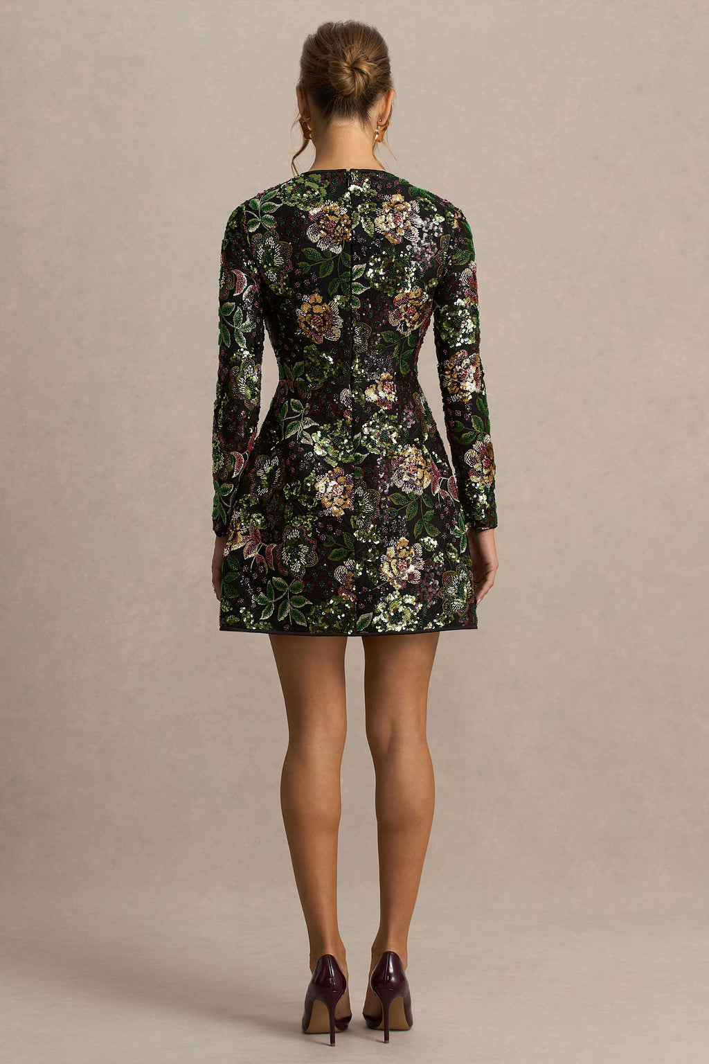 Moonlit | Winter Floral Embellished Mesh And Sequin Crew-Neck Mini Dress