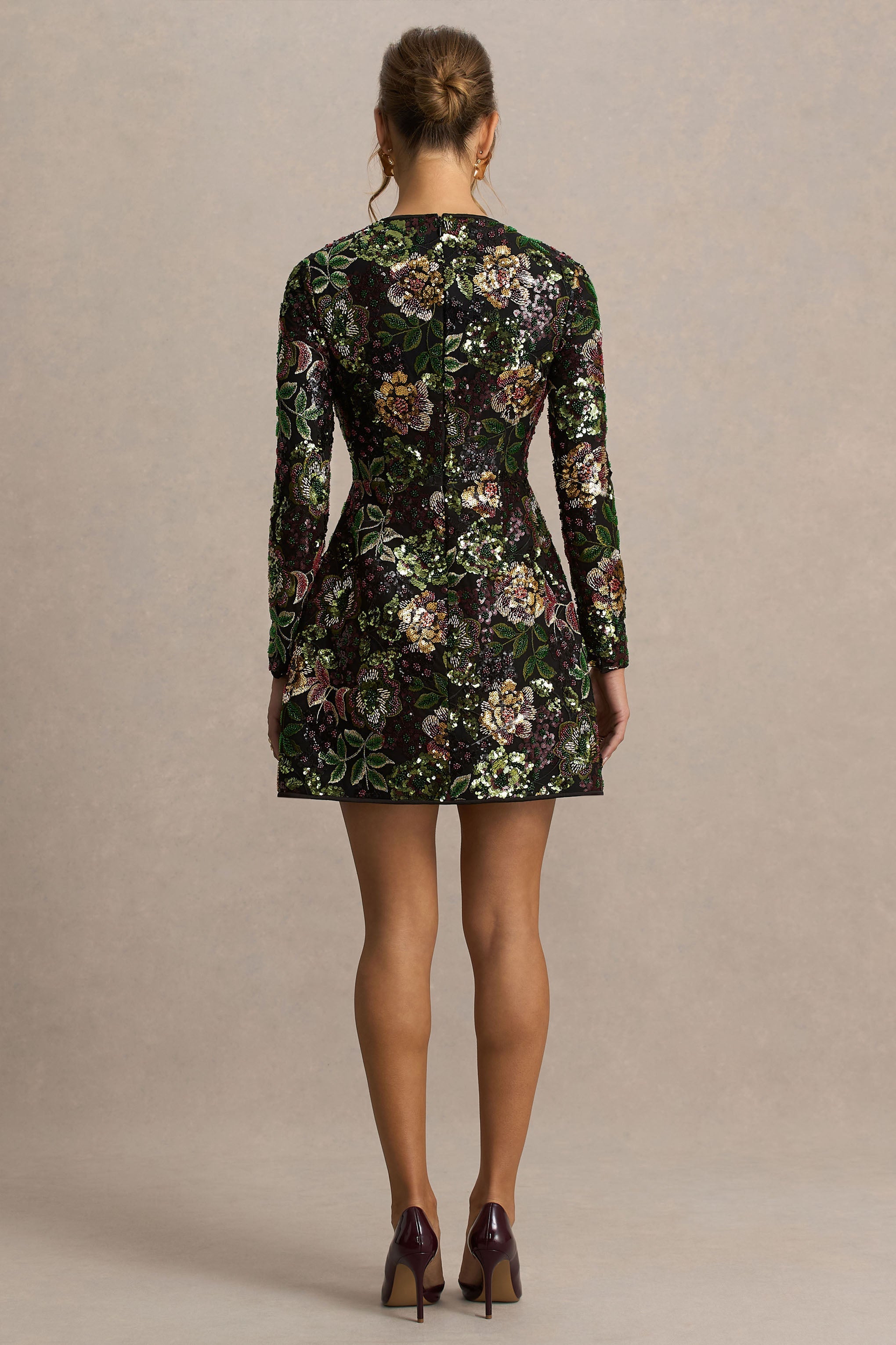 Moonlit | Winter Floral Embellished Mesh And Sequin Crew-Neck Mini Dress