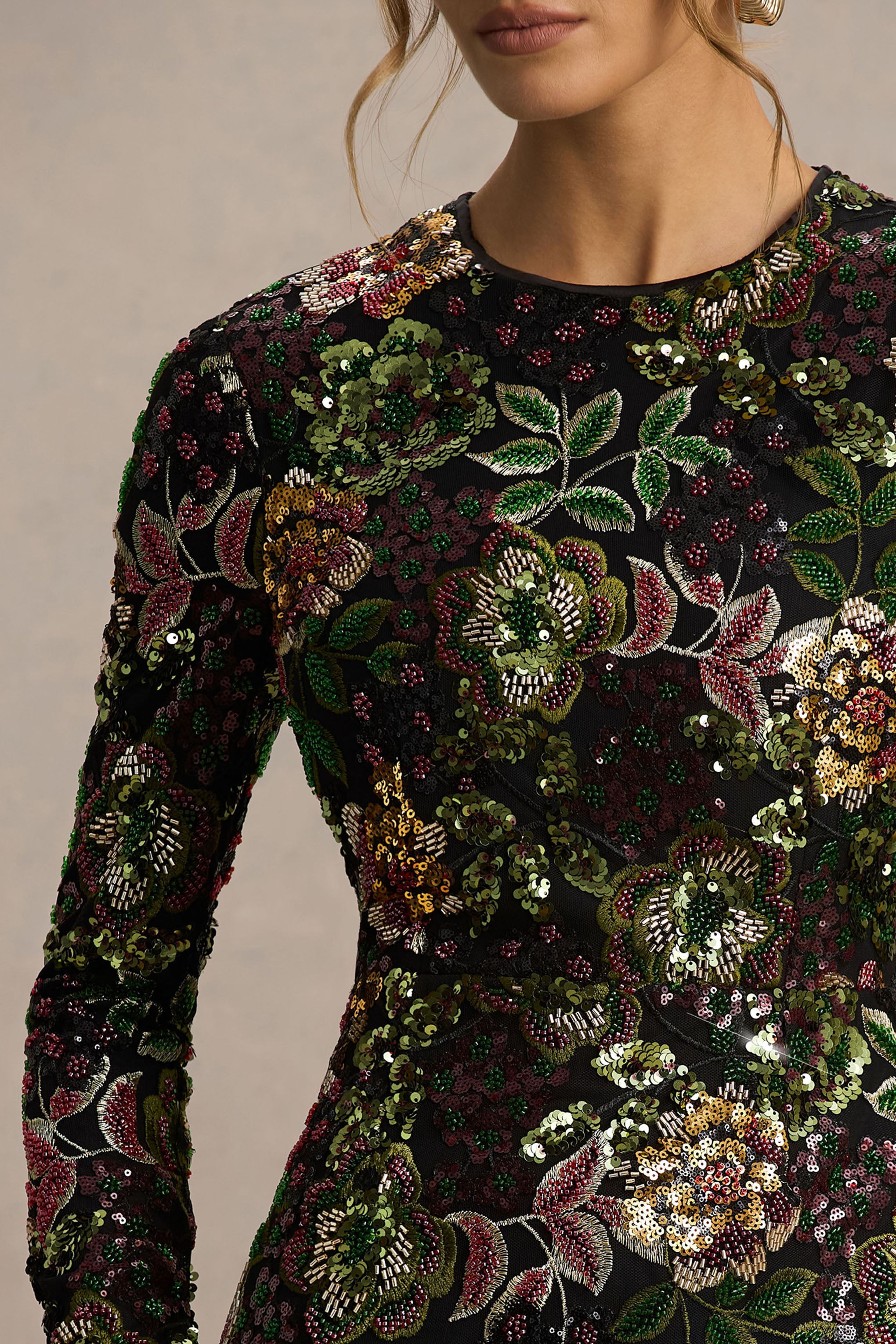Moonlit | Winter Floral Embellished Mesh And Sequin Crew-Neck Mini Dress