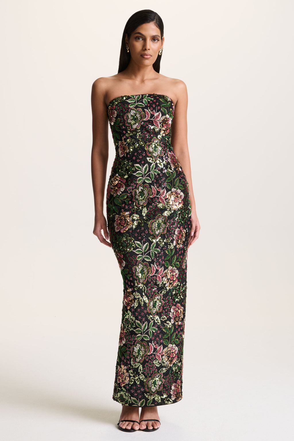 Cora | Winter Floral Embellished Mesh Bandeau Maxi Dress With Scarf
