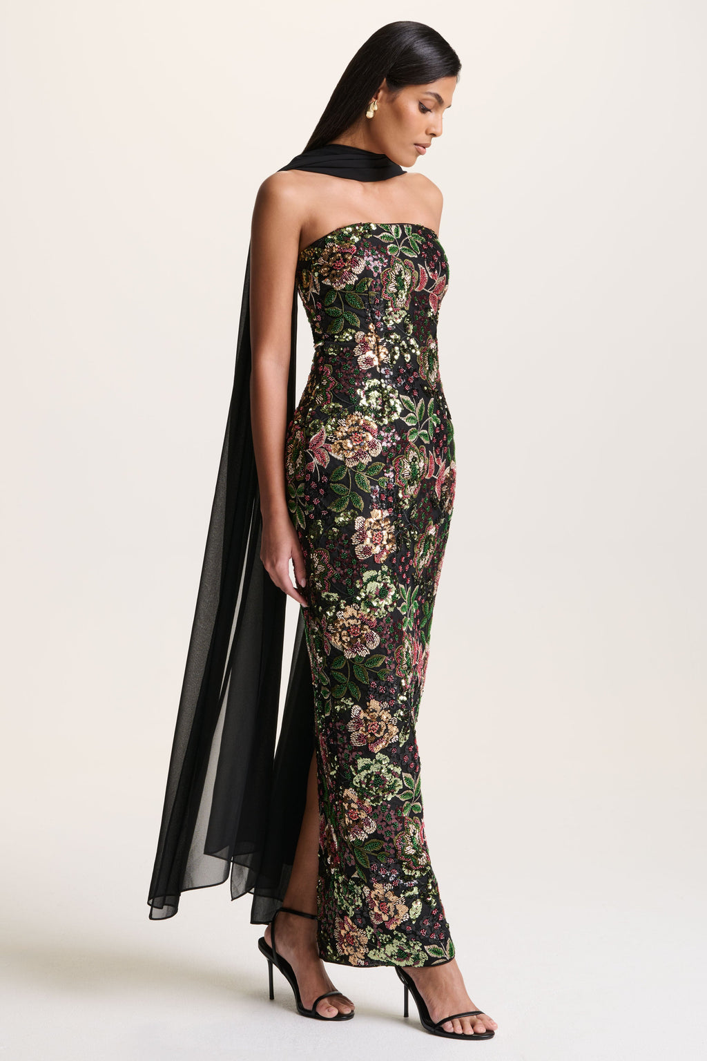 Cora | Winter Floral Embellished Mesh Bandeau Maxi Dress With Scarf