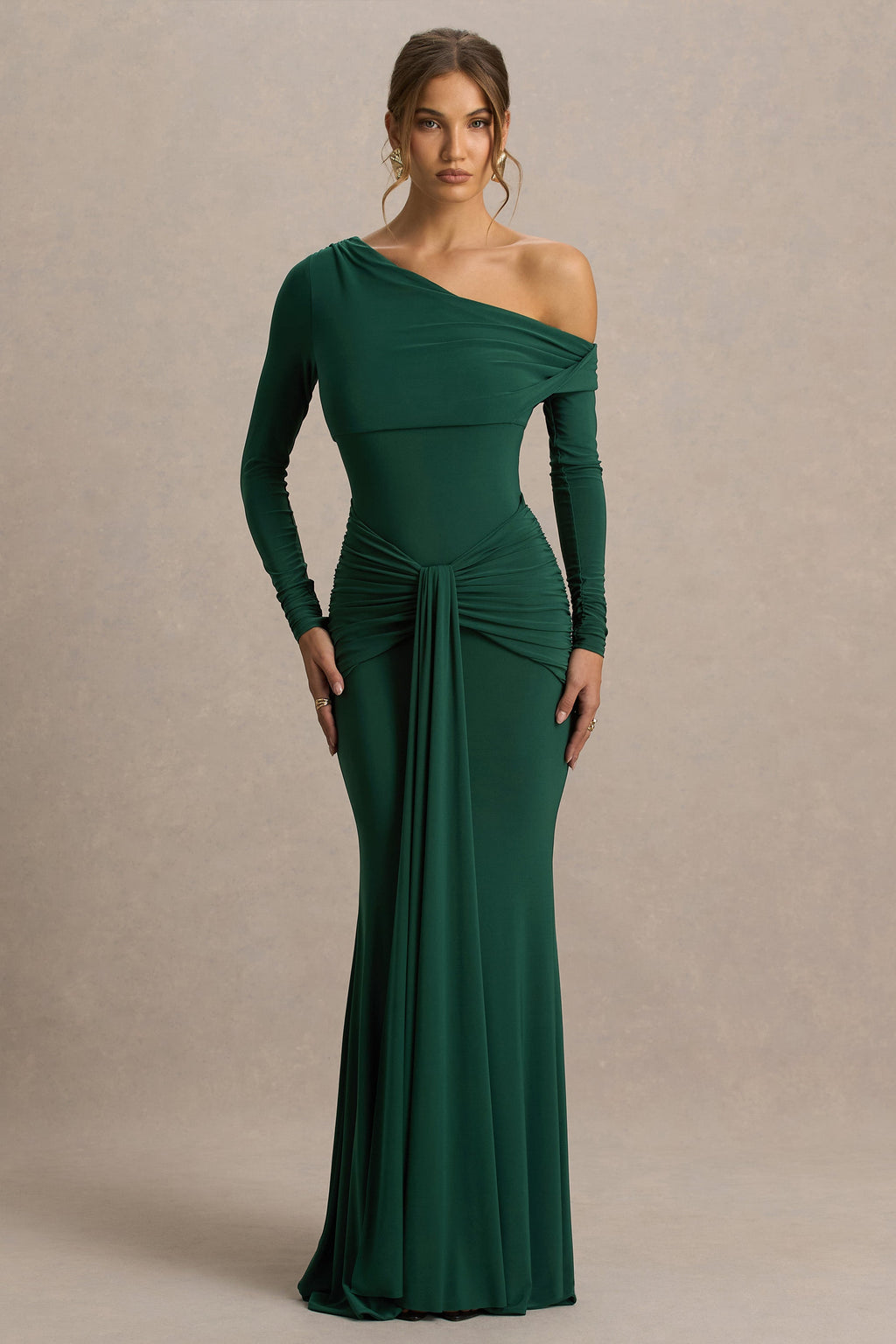 Clover | Dark Green Asymmetric-Neck Wrapped Maxi Dress With Sash