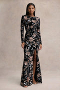 Lyric | Black Floral Velvet And Sequin Embellished Crew-Neck Maxi Dress