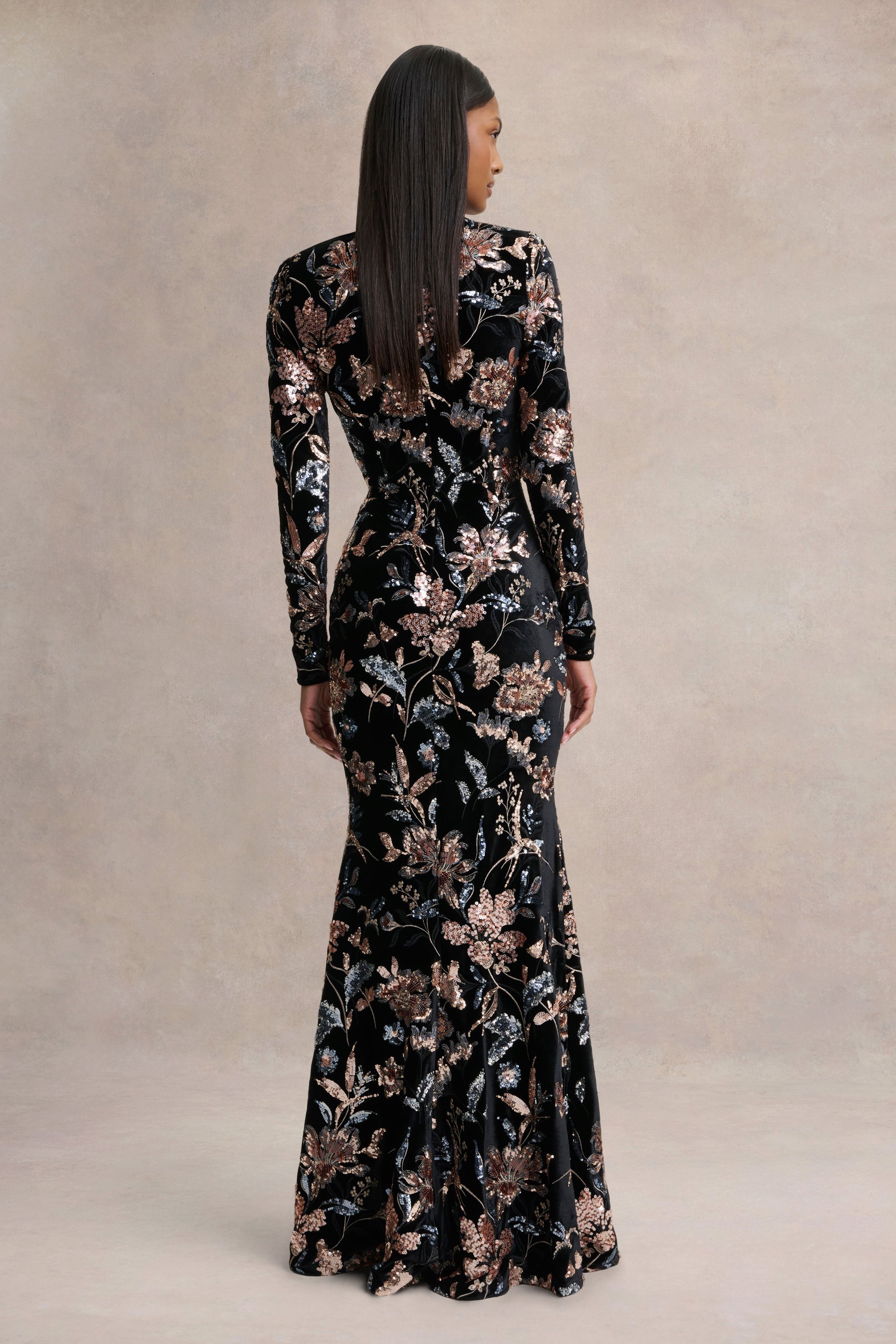 Lyric | Black Floral Velvet And Sequin Embellished Crew-Neck Maxi Dress
