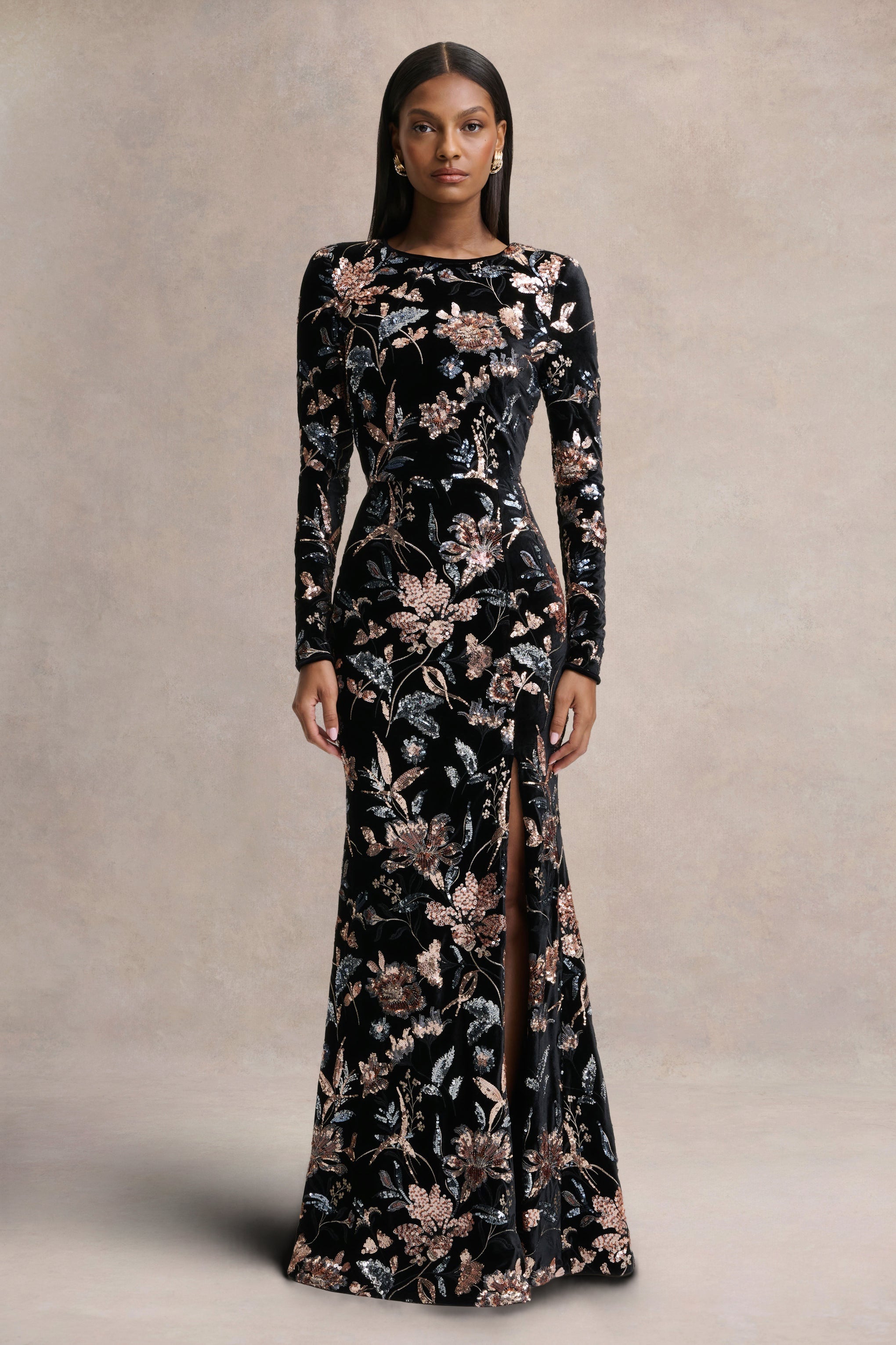 Lyric | Black Floral Velvet And Sequin Embellished Crew-Neck Maxi Dress