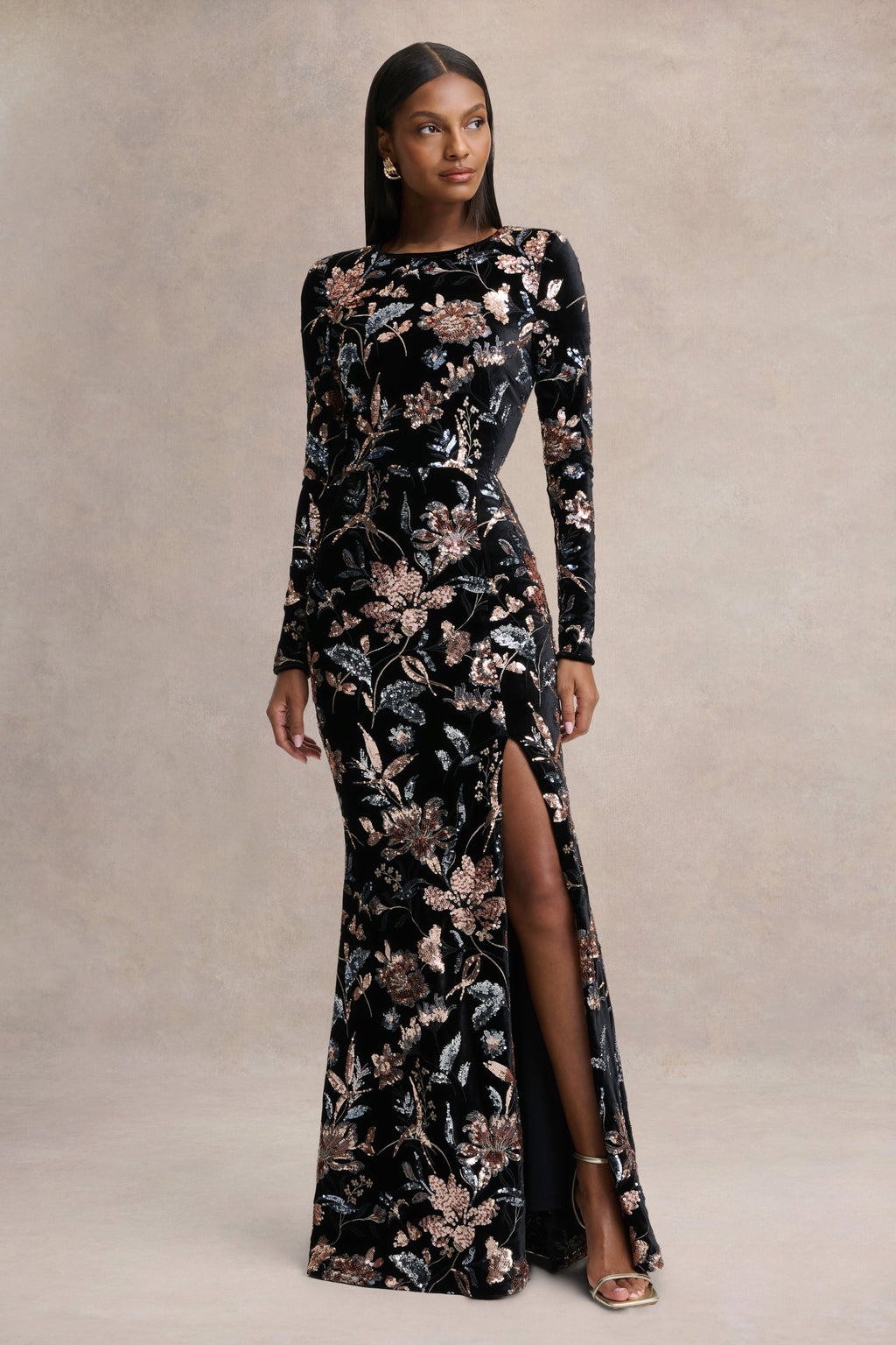 Lyric | Black Floral Velvet And Sequin Embellished Crew-Neck Maxi Dress