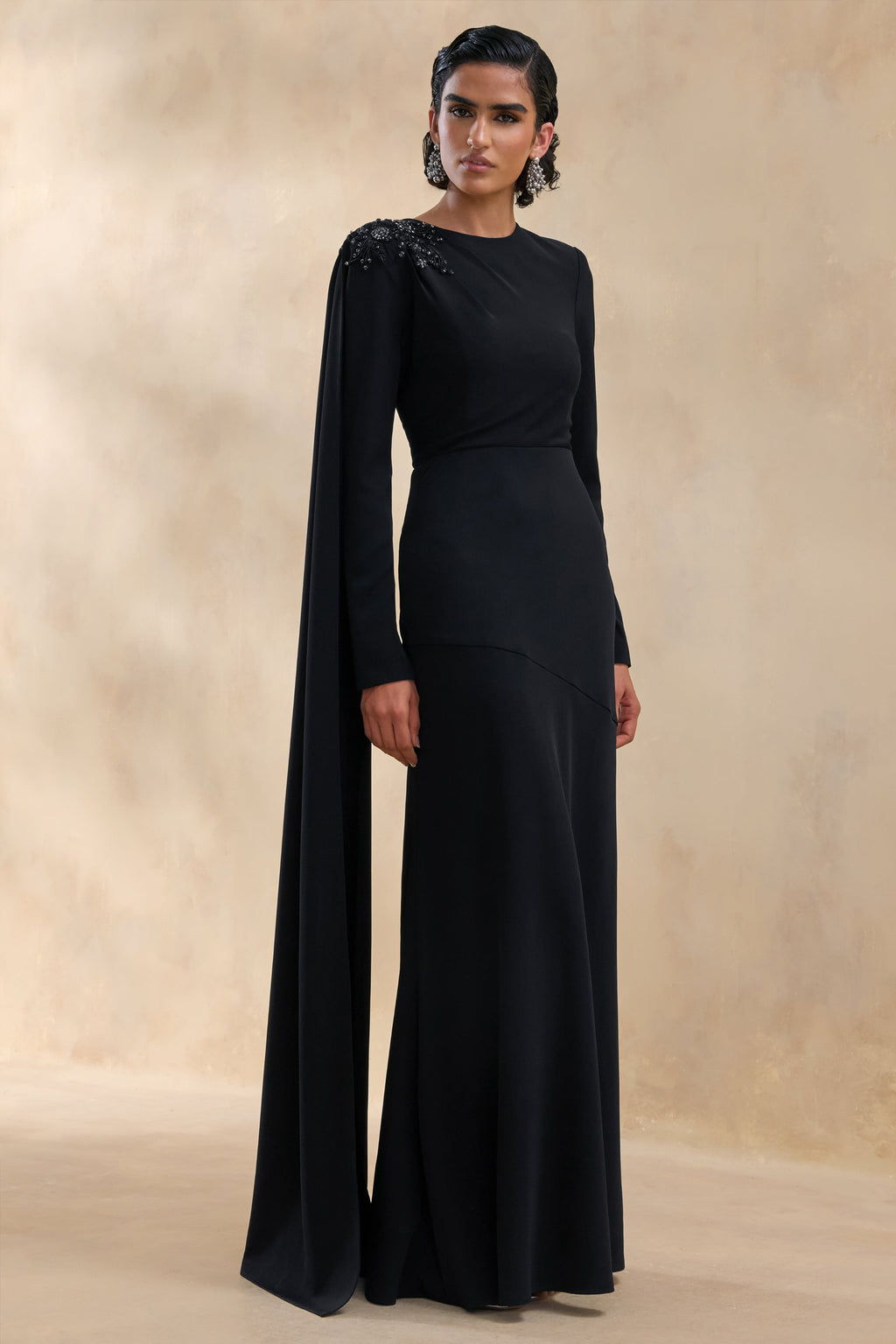 Reese | Black High-Neck Maxi Dress With Embellished Detail and Sash