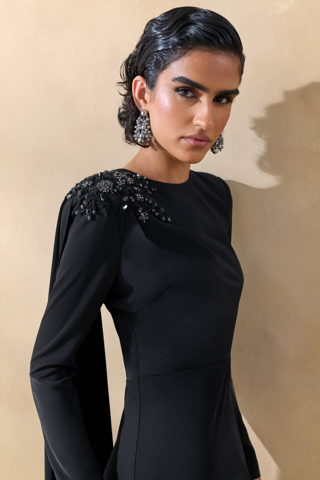 Reese | Black High-Neck Maxi Dress With Embellished Detail and Sash