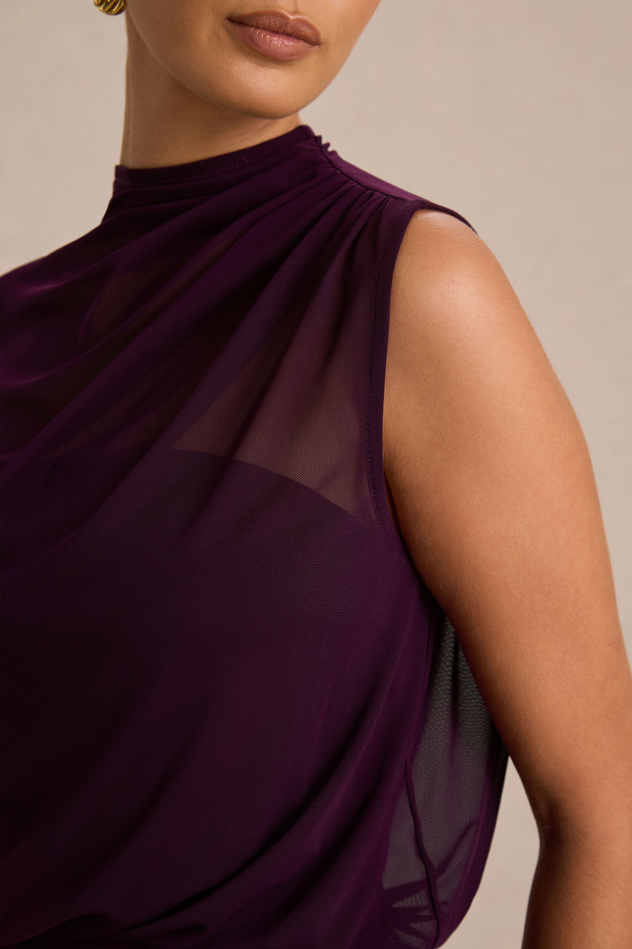 Aurelia | Dark Plum High-Neck Wrapped Maxi Dress With One-Cape Sleeve