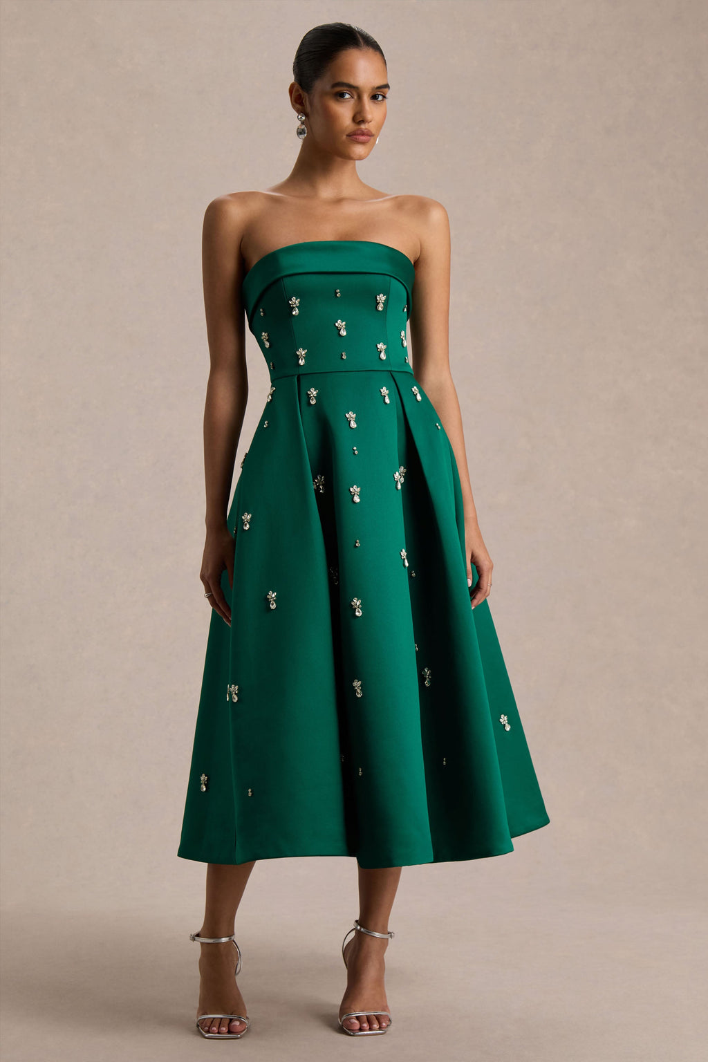 Sylvette | Dark Green Satin Embellished Bandeau Skater Midi Dress