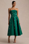 Sylvette | Dark Green Satin Embellished Bandeau Skater Midi Dress
