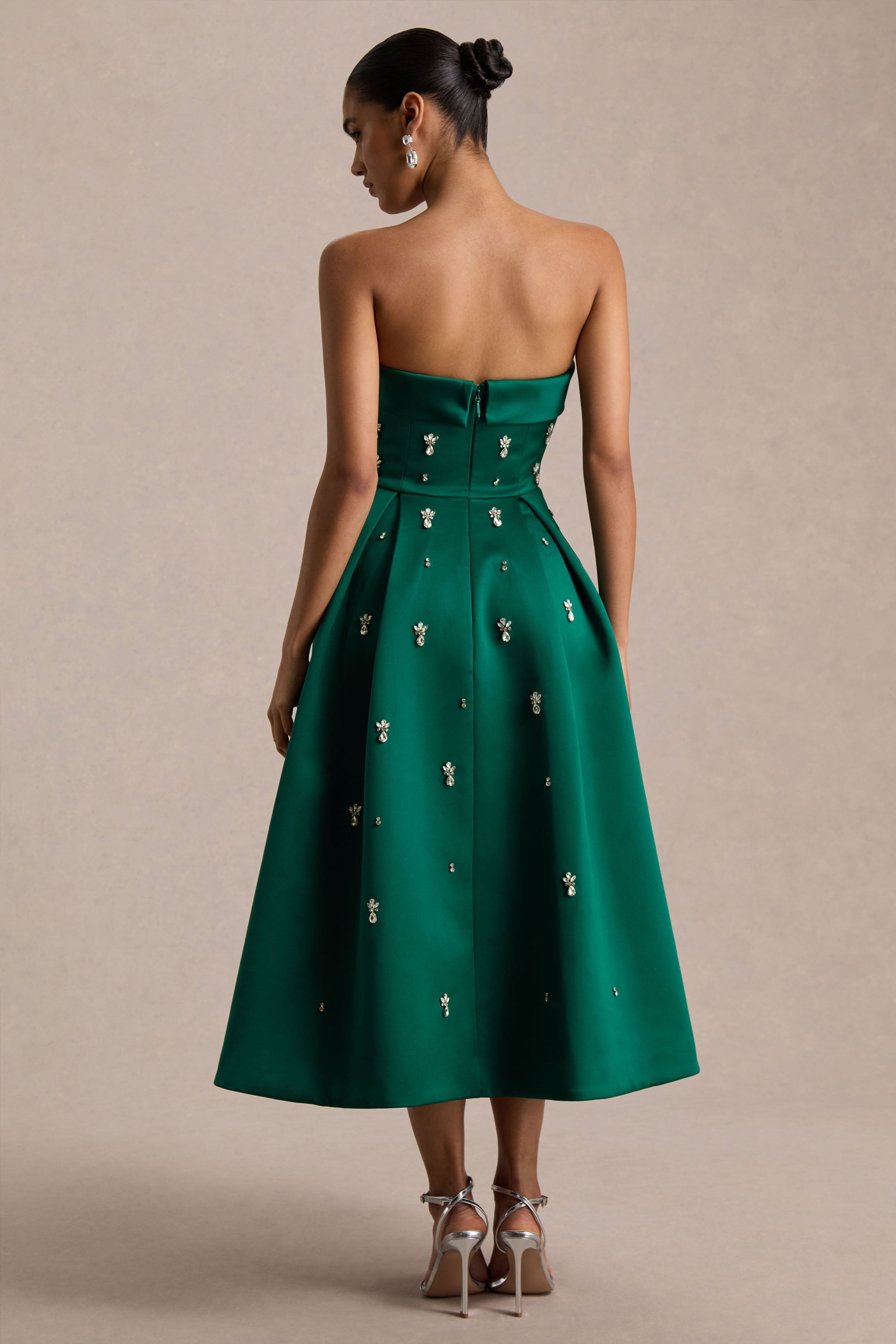 Sylvette | Dark Green Satin Embellished Bandeau Skater Midi Dress