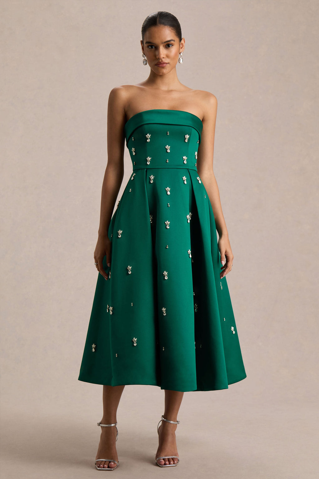 Sylvette | Dark Green Satin Embellished Bandeau Skater Midi Dress