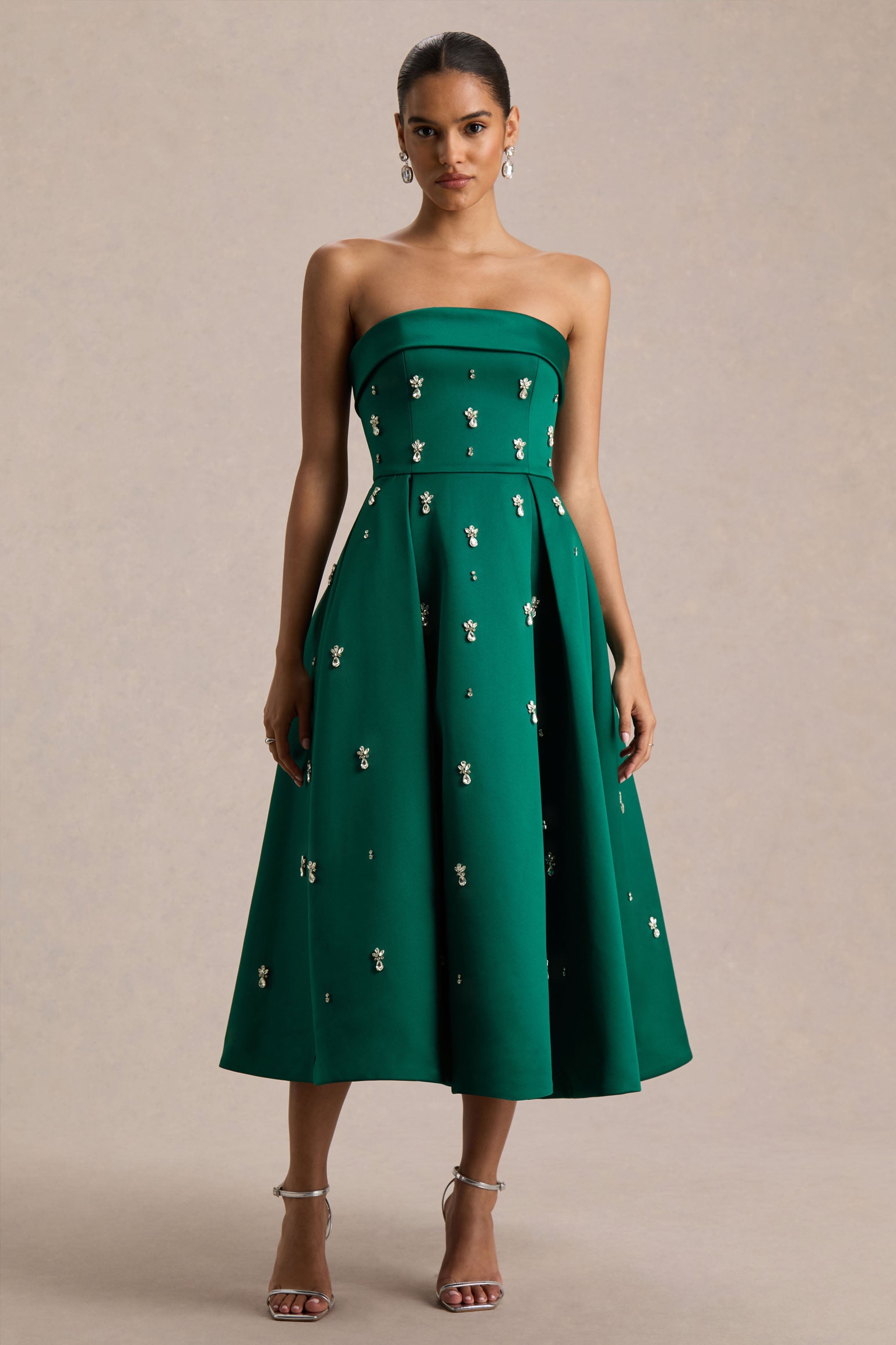 Sylvette | Dark Green Satin Embellished Bandeau Skater Midi Dress