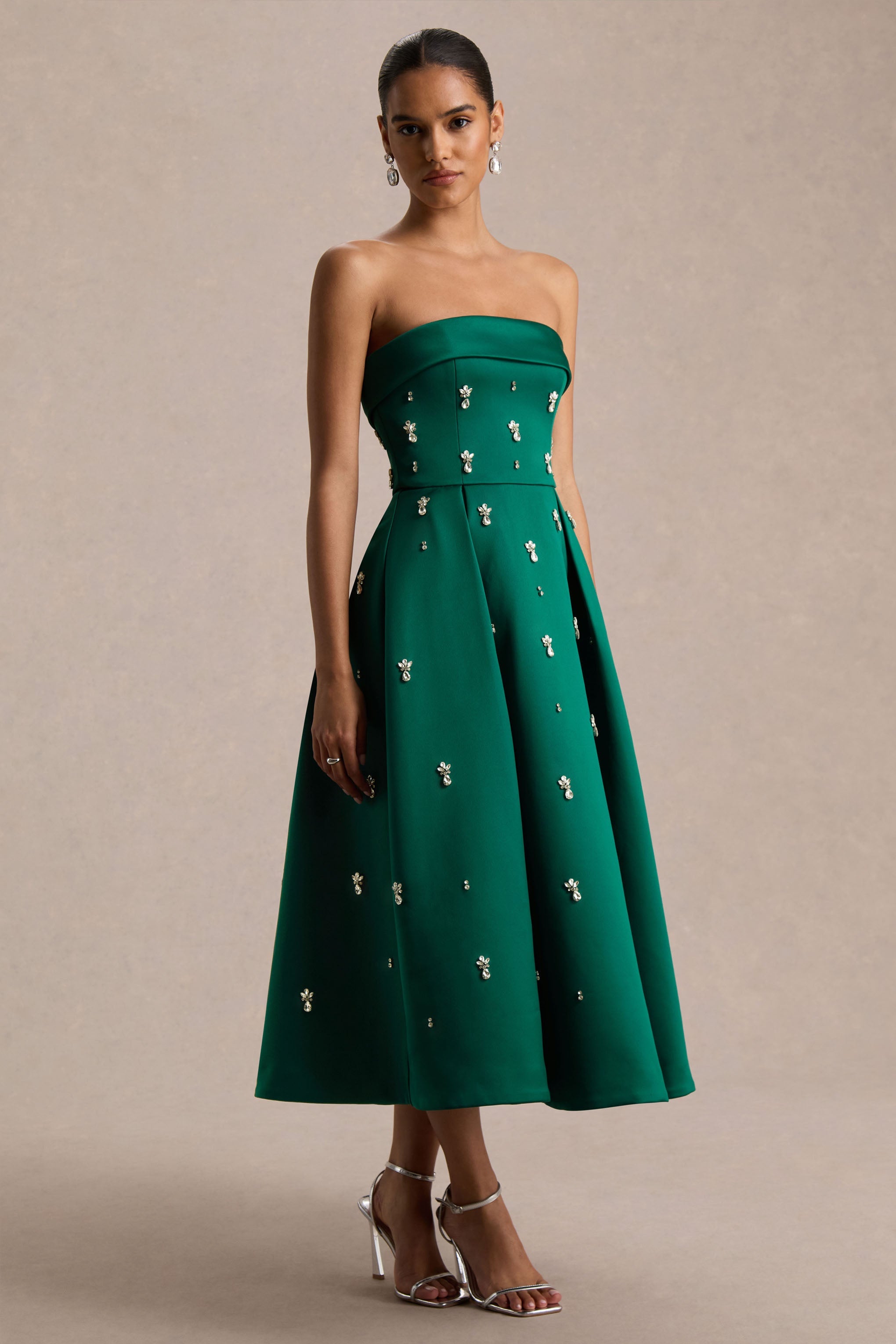 Sylvette | Dark Green Satin Embellished Bandeau Skater Midi Dress