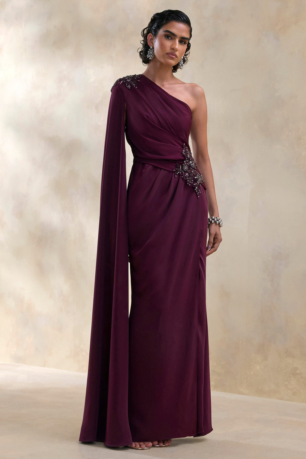 Solace | Dark Plum Asymmetric-Neck Embellished Maxi Dress With Front-High Split