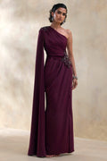 Solace | Dark Plum Asymmetric-Neck Embellished Maxi Dress With Front-High Split