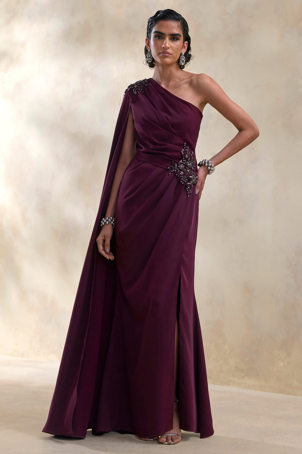 Solace | Dark Plum Asymmetric-Neck Embellished Maxi Dress With Front-High Split
