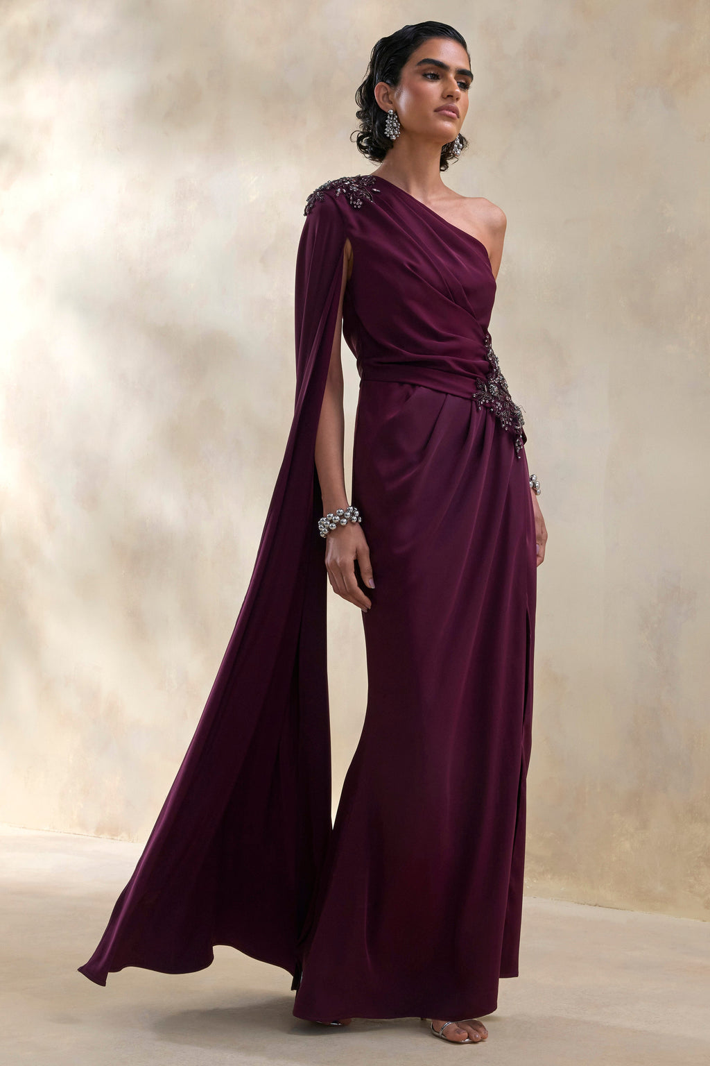 Solace | Dark Plum Asymmetric-Neck Embellished Maxi Dress With Front-High Split
