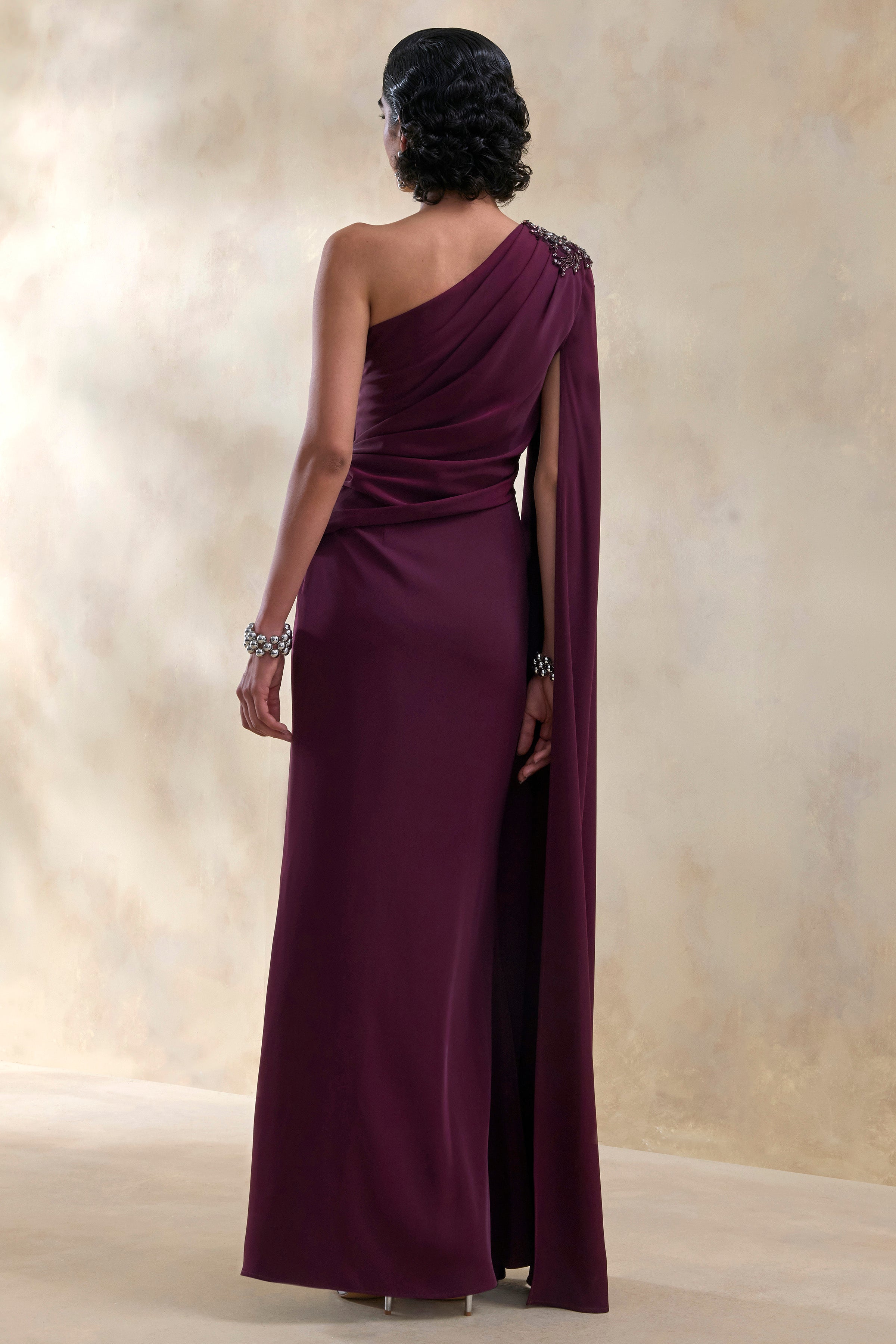 Solace | Dark Plum Asymmetric-Neck Embellished Maxi Dress With Front-High Split