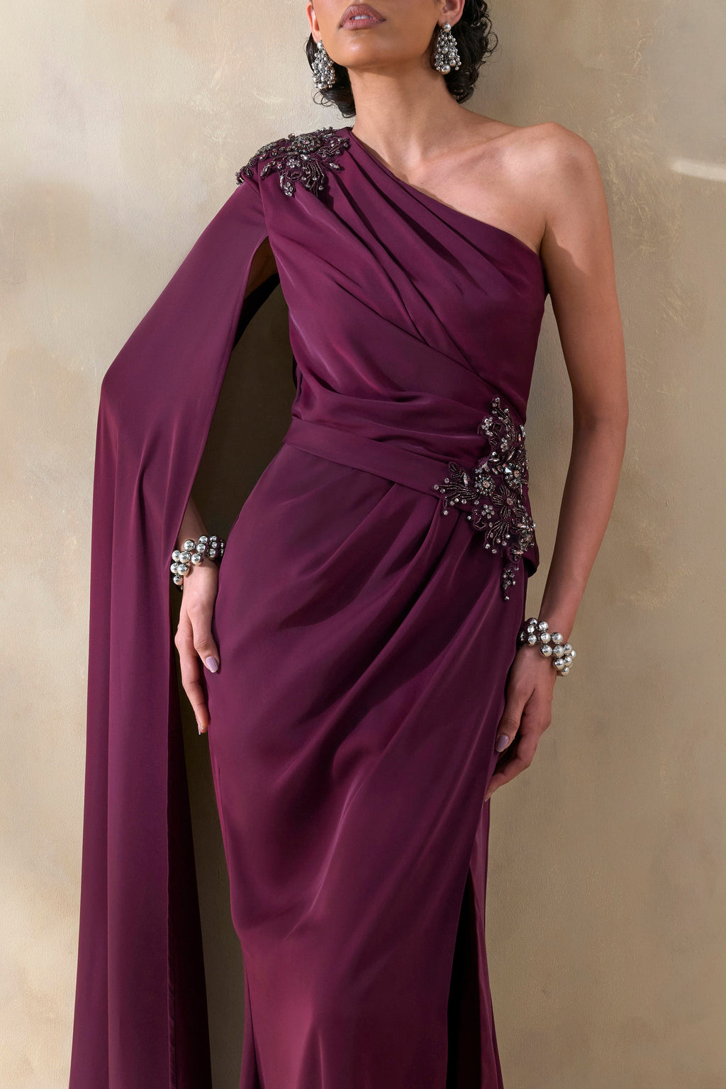 Solace | Dark Plum Asymmetric-Neck Embellished Maxi Dress With Front-High Split