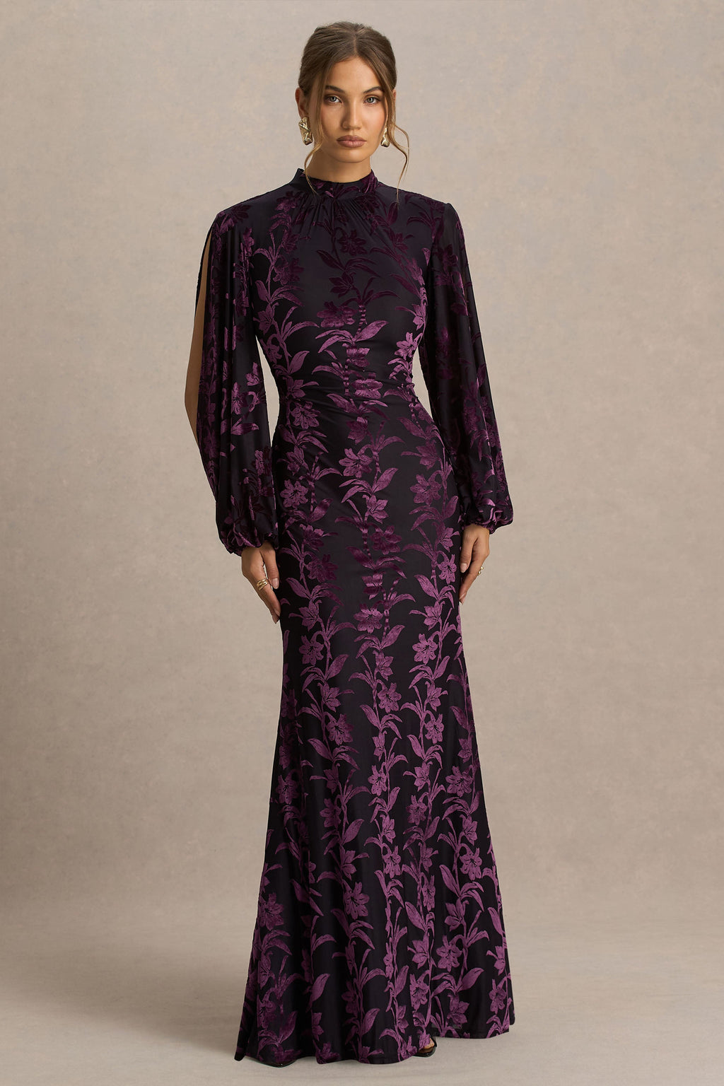 Janet | Black And Purple Devore High-Neck Maxi Dress With Cut-Out Details