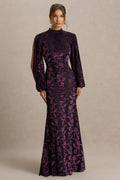 Janet | Black And Purple Devore High-Neck Maxi Dress With Cut-Out Details