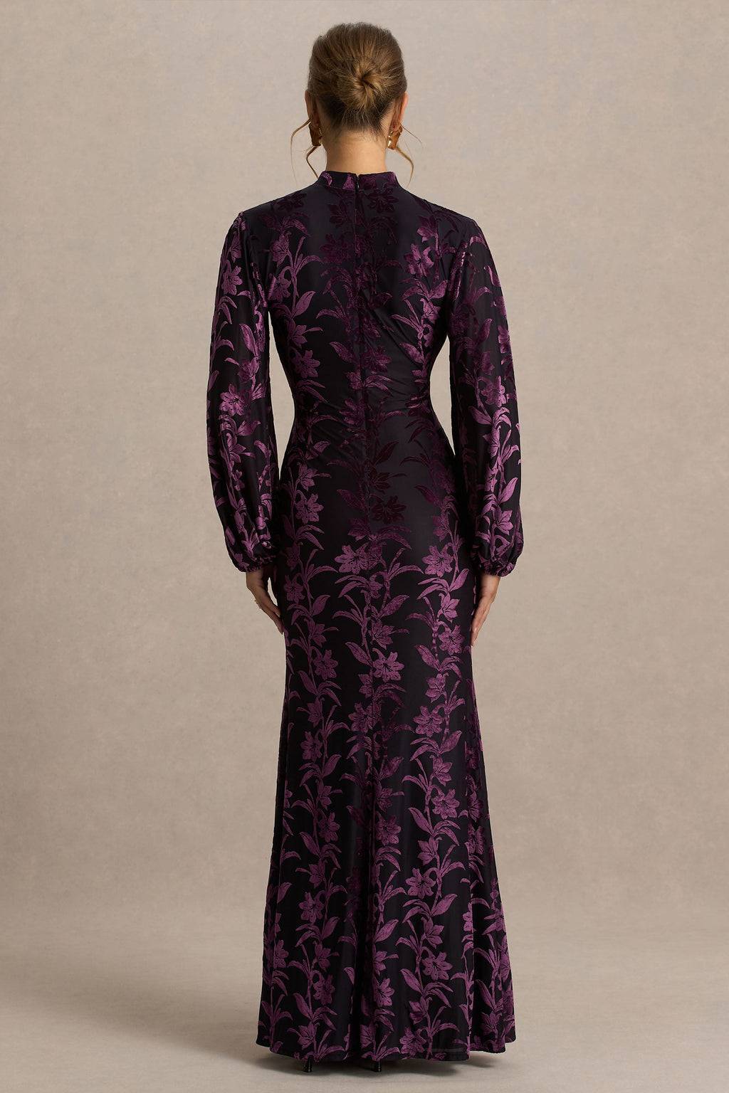 Janet | Black And Purple Devore High-Neck Maxi Dress With Cut-Out Details