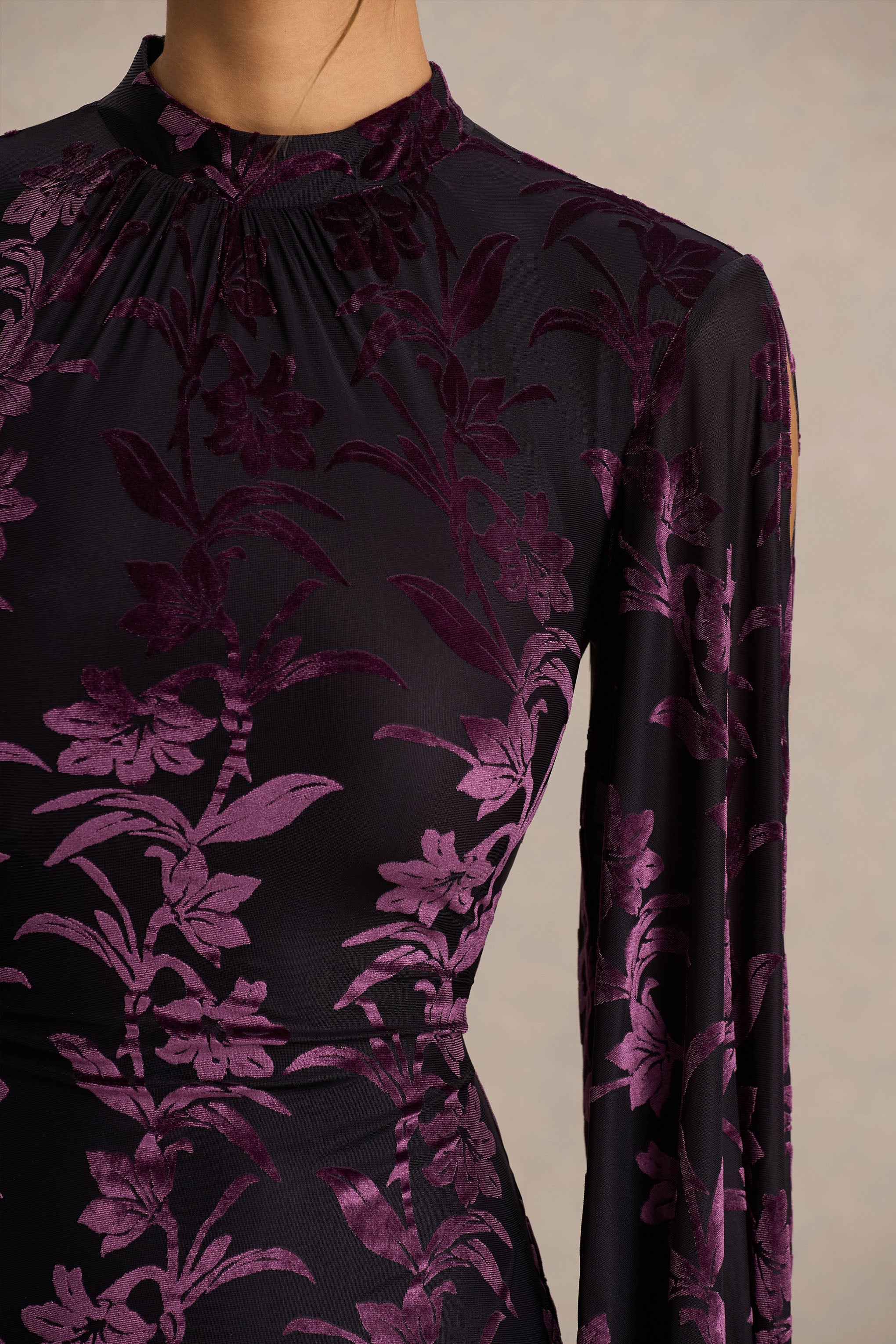 Janet | Black And Purple Devore High-Neck Maxi Dress With Cut-Out Details