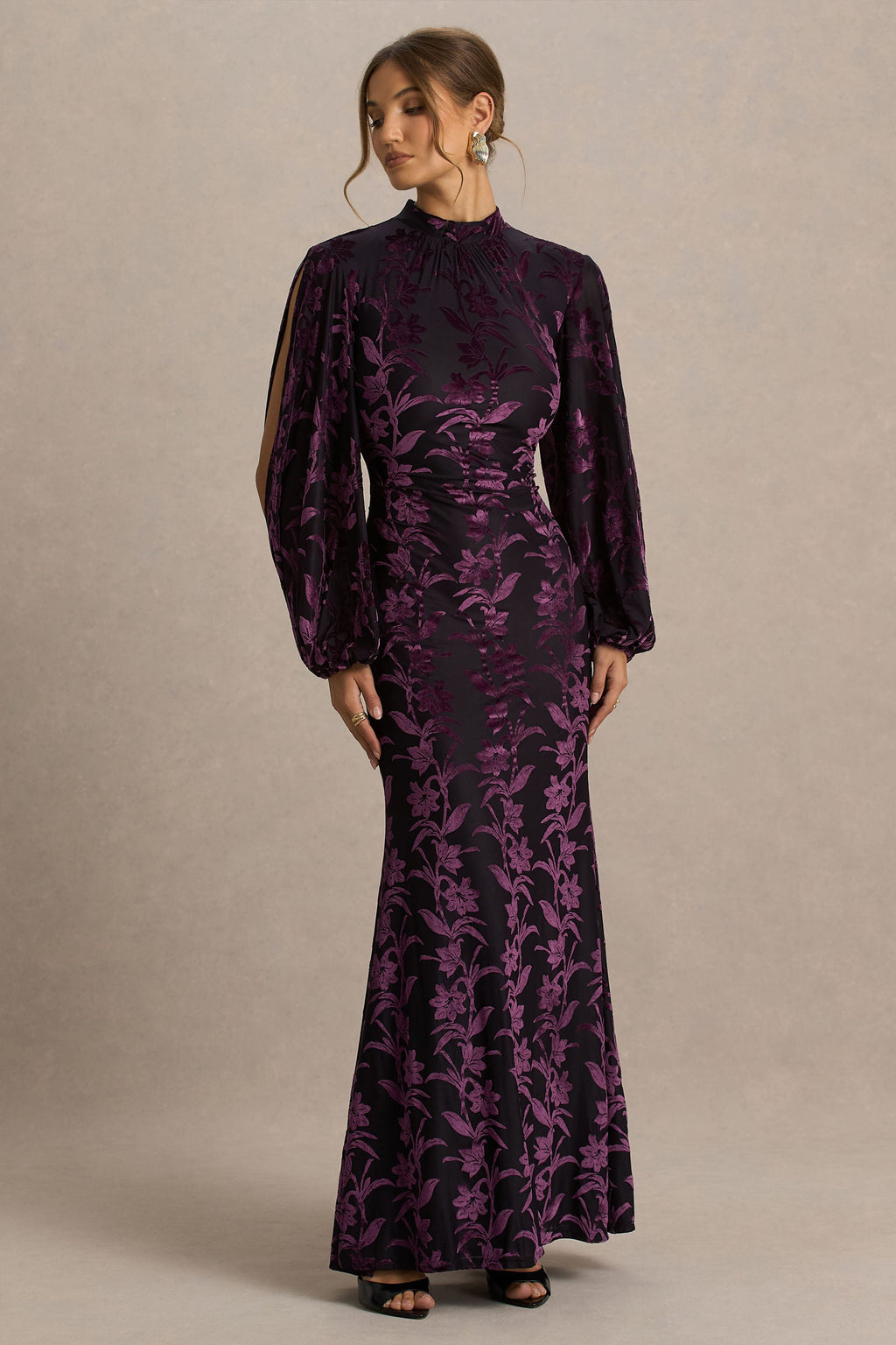 Janet | Black And Purple Devore High-Neck Maxi Dress With Cut-Out Details