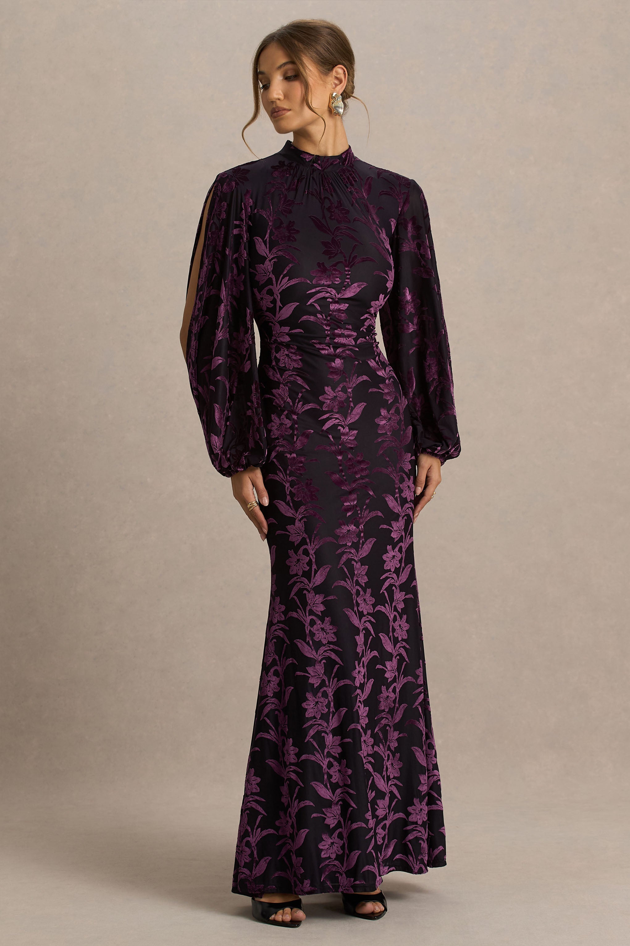Janet | Black And Purple Devore High-Neck Maxi Dress With Cut-Out Details