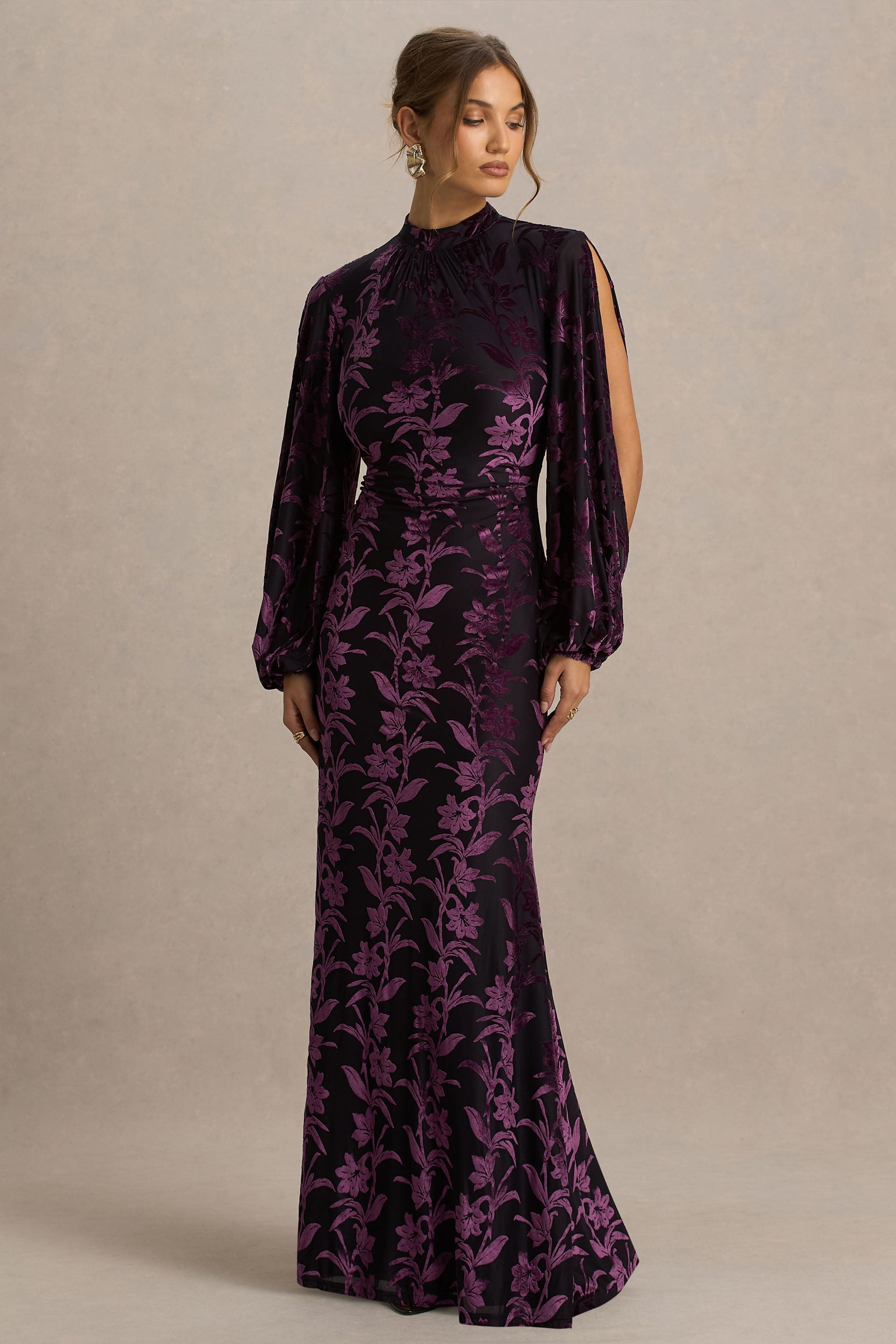 Janet | Black And Purple Devore High-Neck Maxi Dress With Cut-Out Details