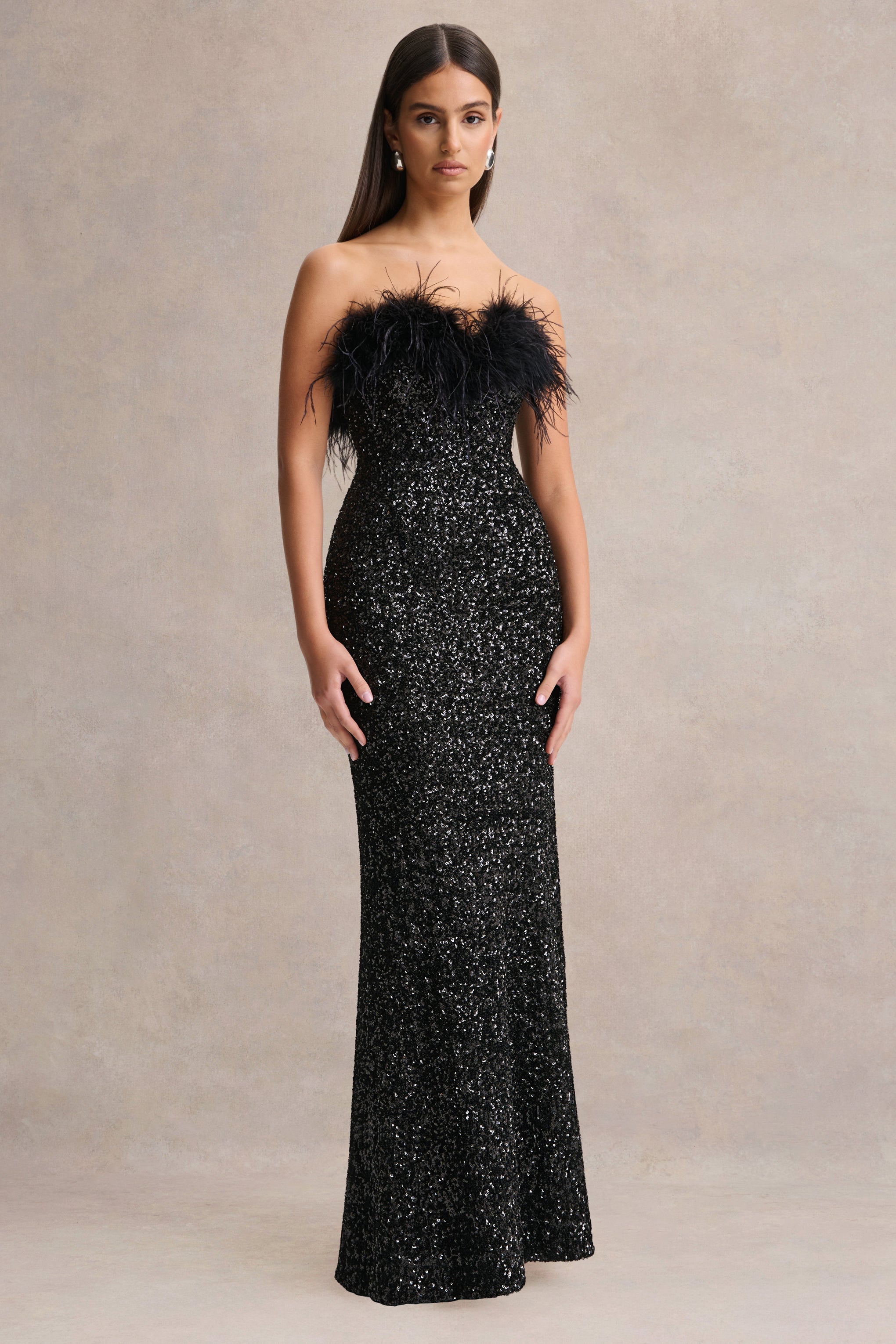 Daze | Black Sequin Bandeau Maxi Dress With Feather-Trim