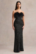 Daze | Black Sequin Bandeau Maxi Dress With Feather-Trim