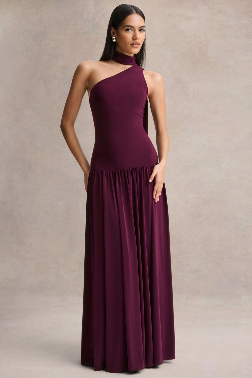 Freesia | Plum Asymmetric-Neck Maxi Dress With Scarf-Detail