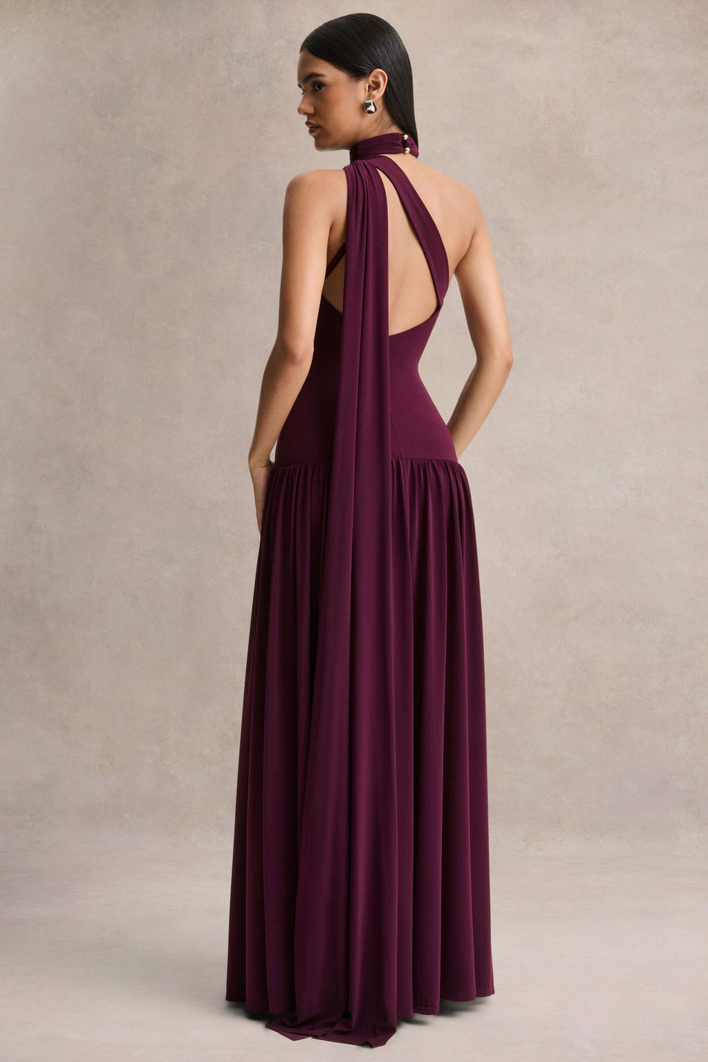 Freesia | Plum Asymmetric-Neck Maxi Dress With Scarf-Detail