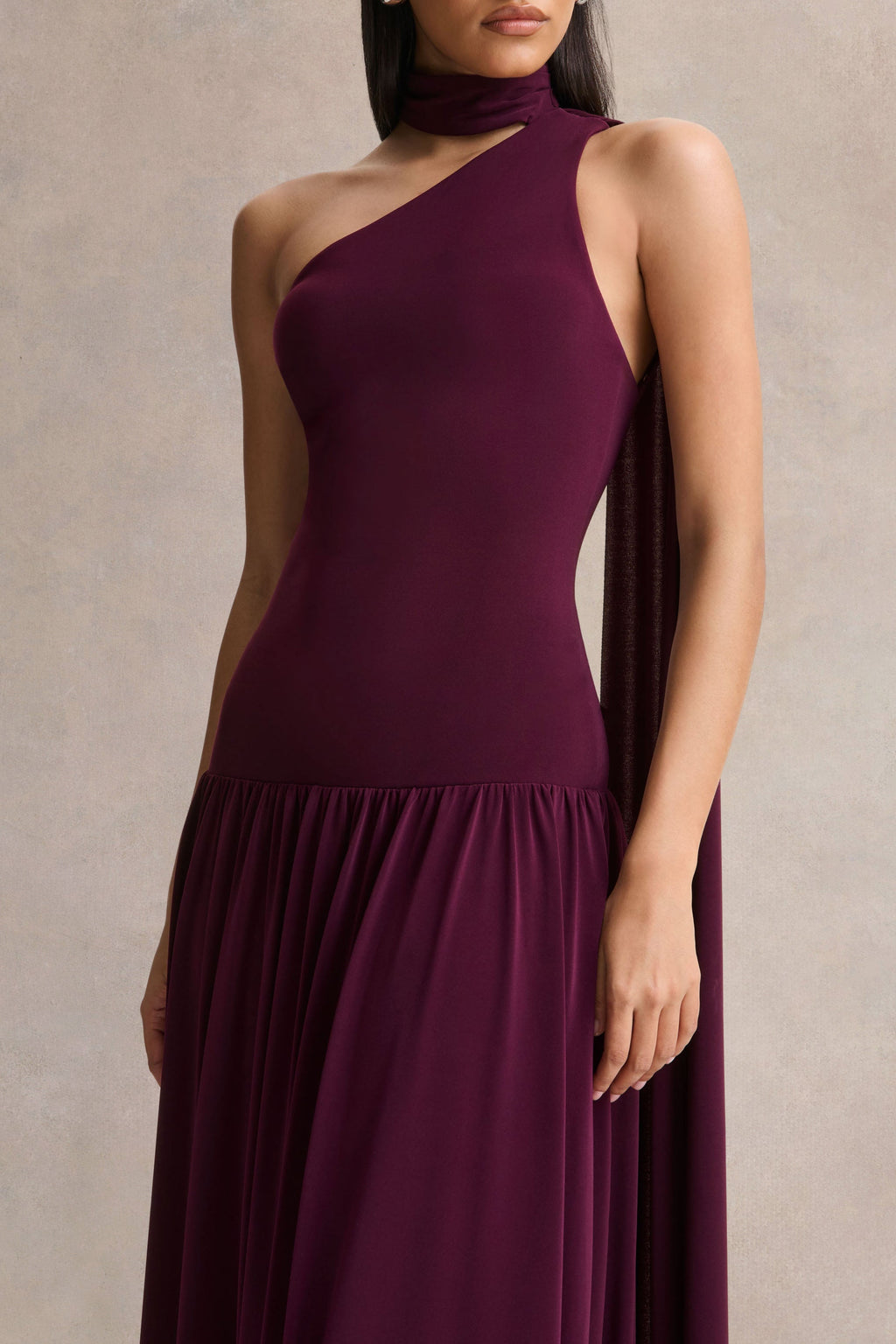 Freesia | Plum Asymmetric-Neck Maxi Dress With Scarf-Detail